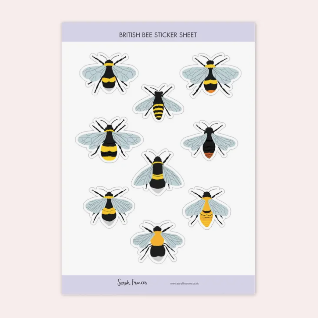 Decorate with the charm of British wildlife using our British Bumble Bees Sticker Sheet, featuring adorable illustrations of bumblebees. Ideal for adding a touch of nature and sweetness to your crafts. These stickers are designed by Sarah Frances and sold at BBB Supplies Craft Shop.