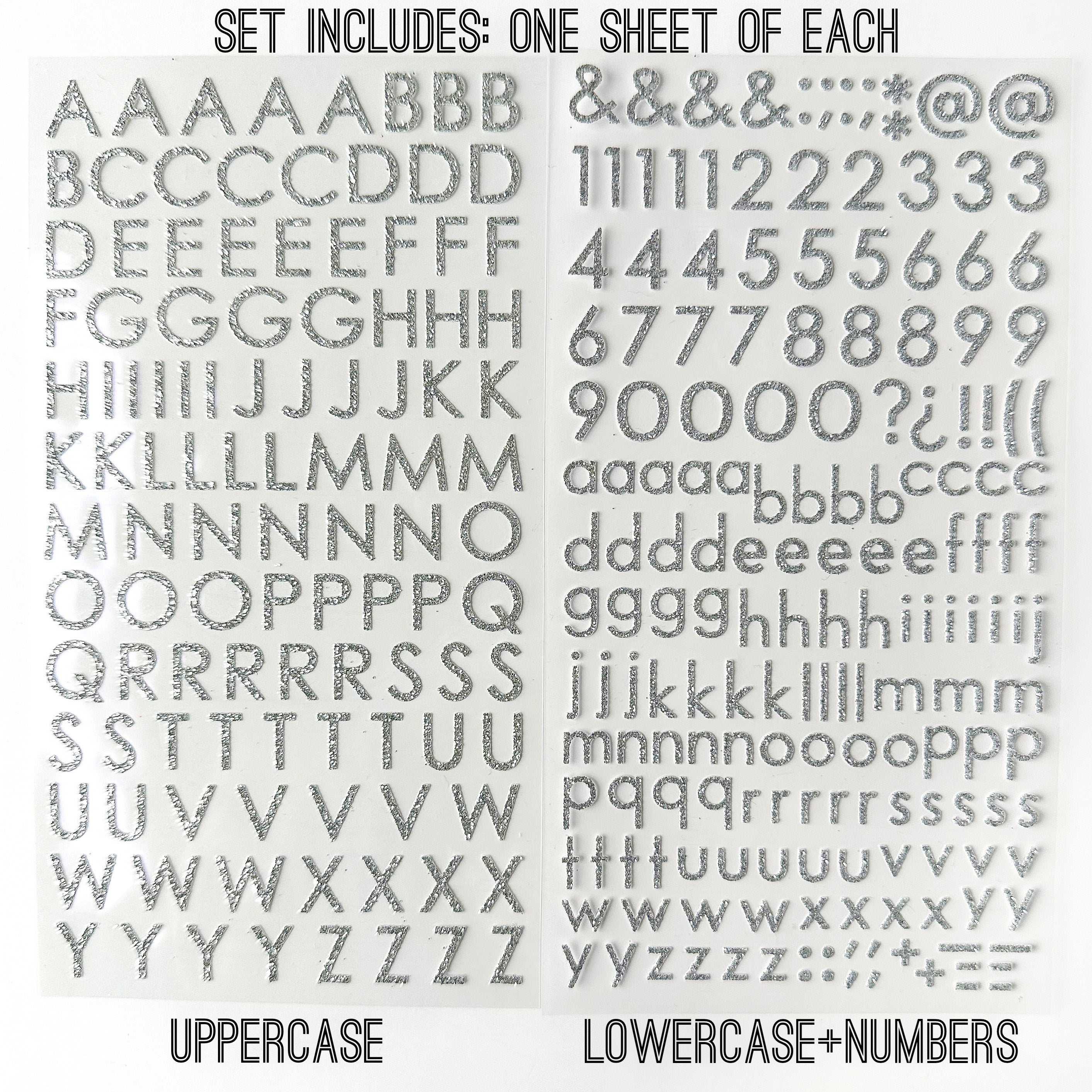Add sparkle to your crafts with our glitter silver color letter stickers, featuring a shimmering assortment of letters in a vibrant spectrum of colors. These letter stickers are sold at BBB Supplies Craft Shop.