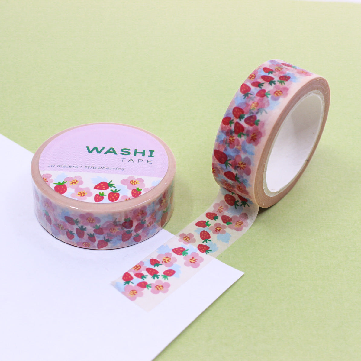 Strawberry Fruit Washi Tape with cute red strawberry illustrations, ideal for adding a bright, summery touch to planners, journals, and crafts.