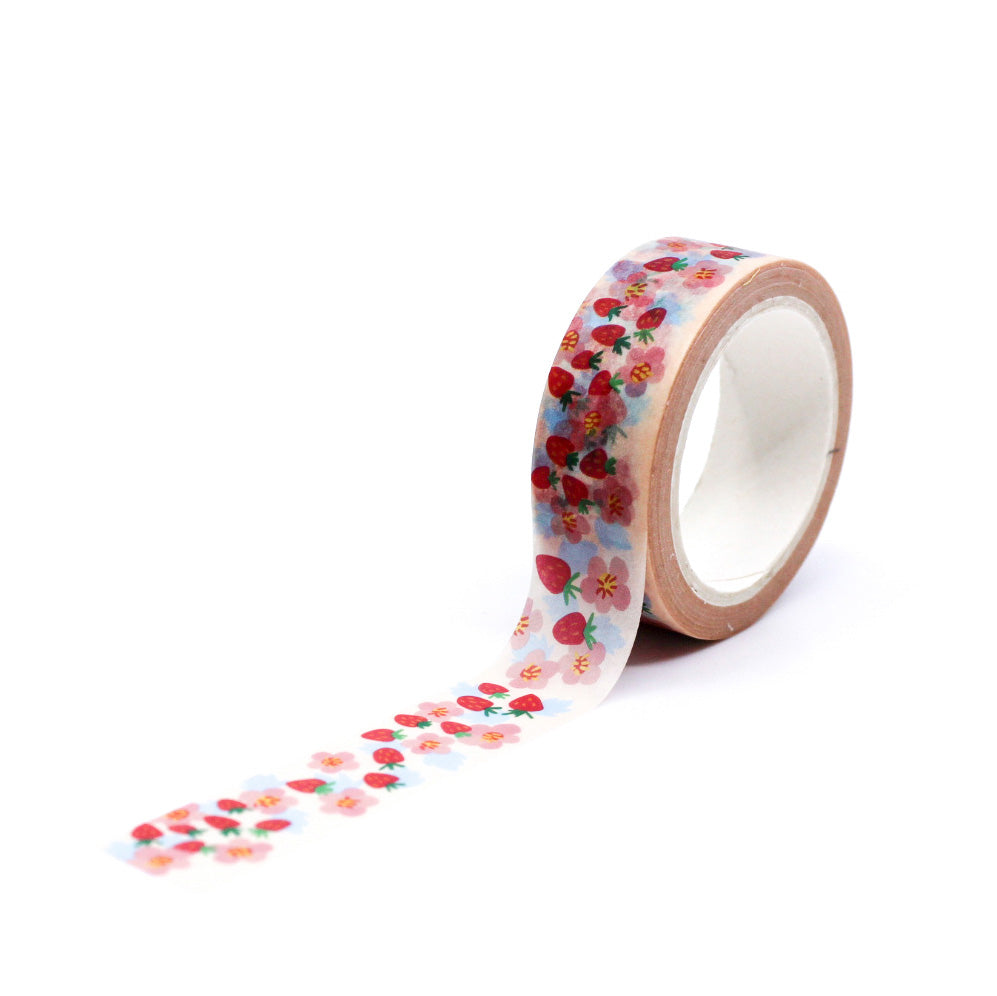 Strawberry Fruit Washi Tape with cute red strawberry illustrations, ideal for adding a bright, summery touch to planners, journals, and crafts.