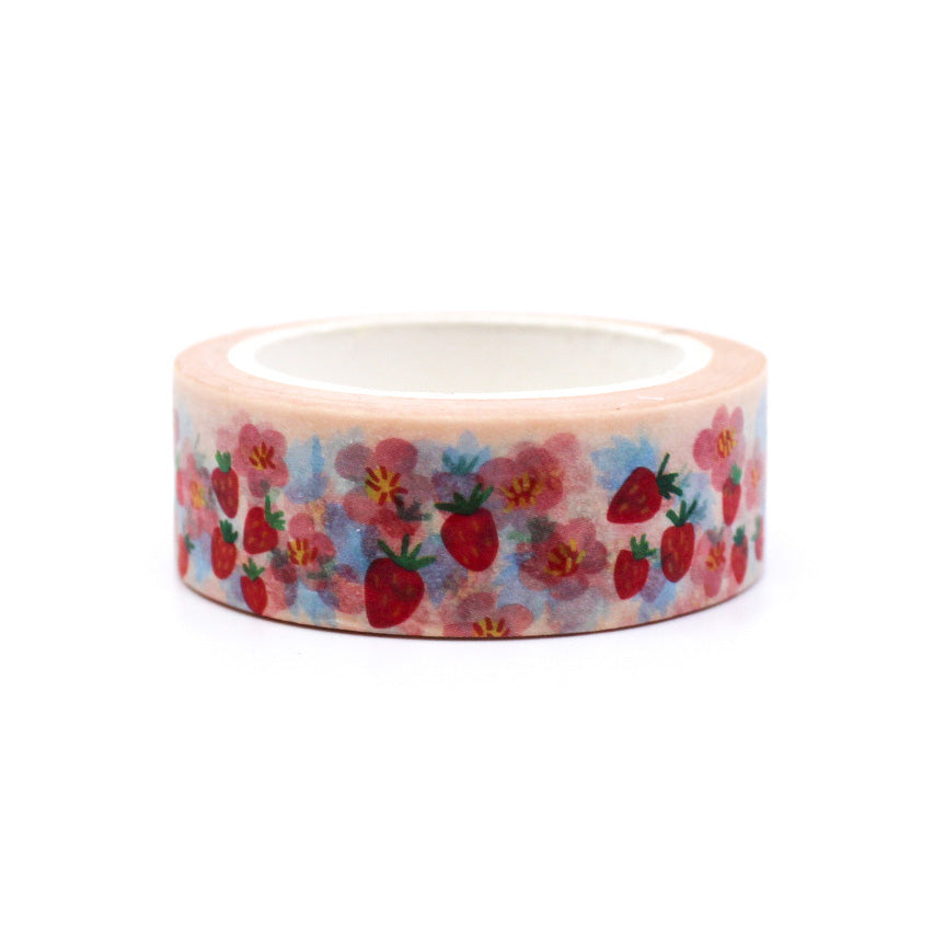 Strawberry Fruit Washi Tape with cute red strawberry illustrations, ideal for adding a bright, summery touch to planners, journals, and crafts.