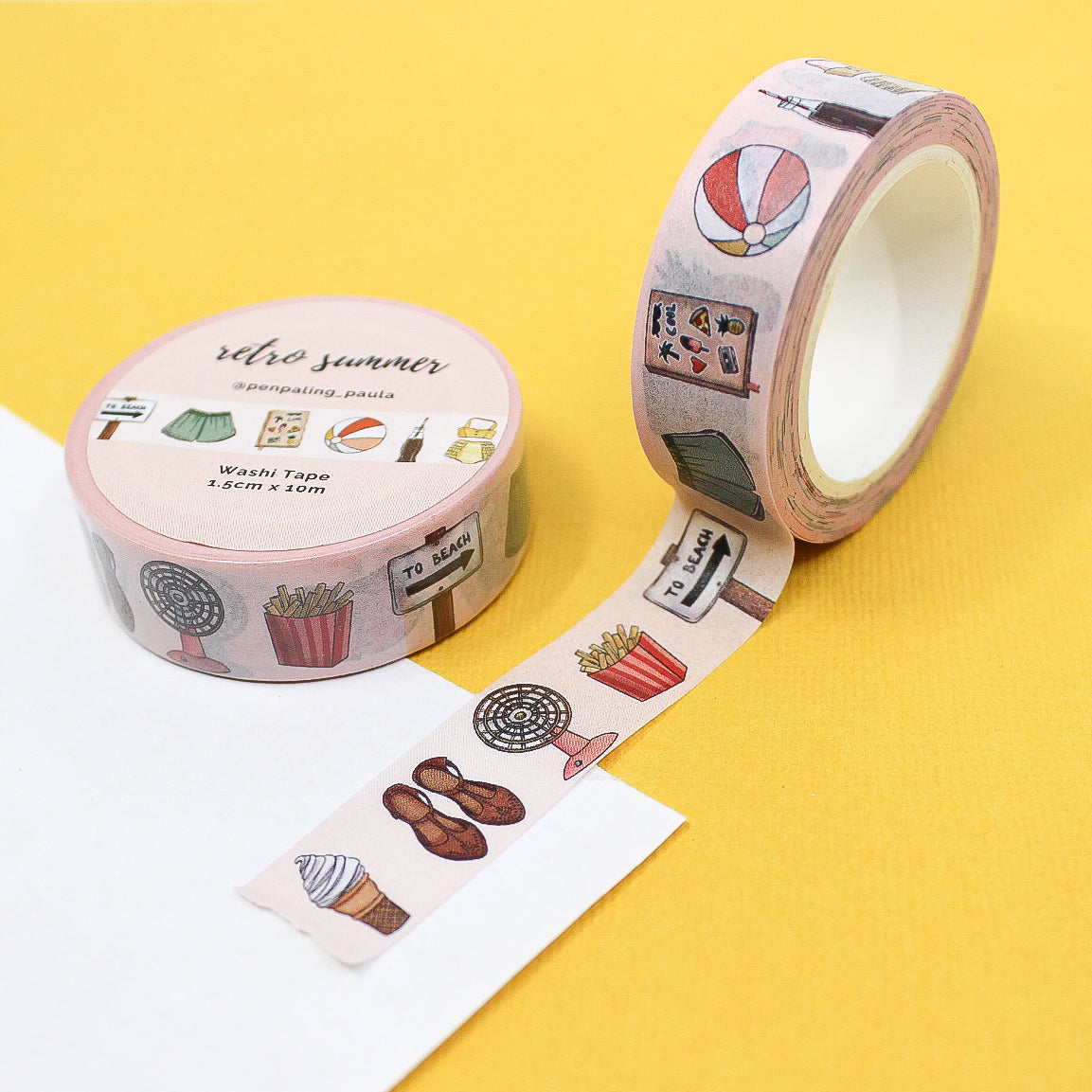 Bring the spirit of summer to your crafts with this washi tape featuring beach-themed objects like seashells, sunglasses, and flip-flops, perfect for vacation scrapbooks and journals.. This tape is from Penpaling Paula and sold at BBB Supplies Craft Shop