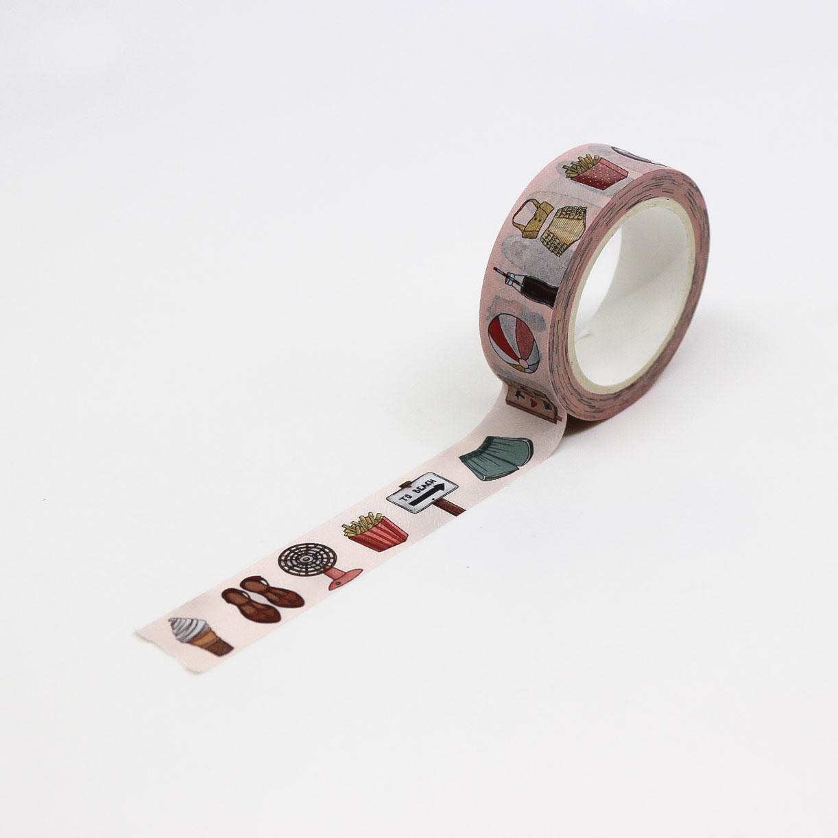 Bring the spirit of summer to your crafts with this washi tape featuring beach-themed objects like seashells, sunglasses, and flip-flops, perfect for vacation scrapbooks and journals.. This tape is from Penpaling Paula and sold at BBB Supplies Craft Shop