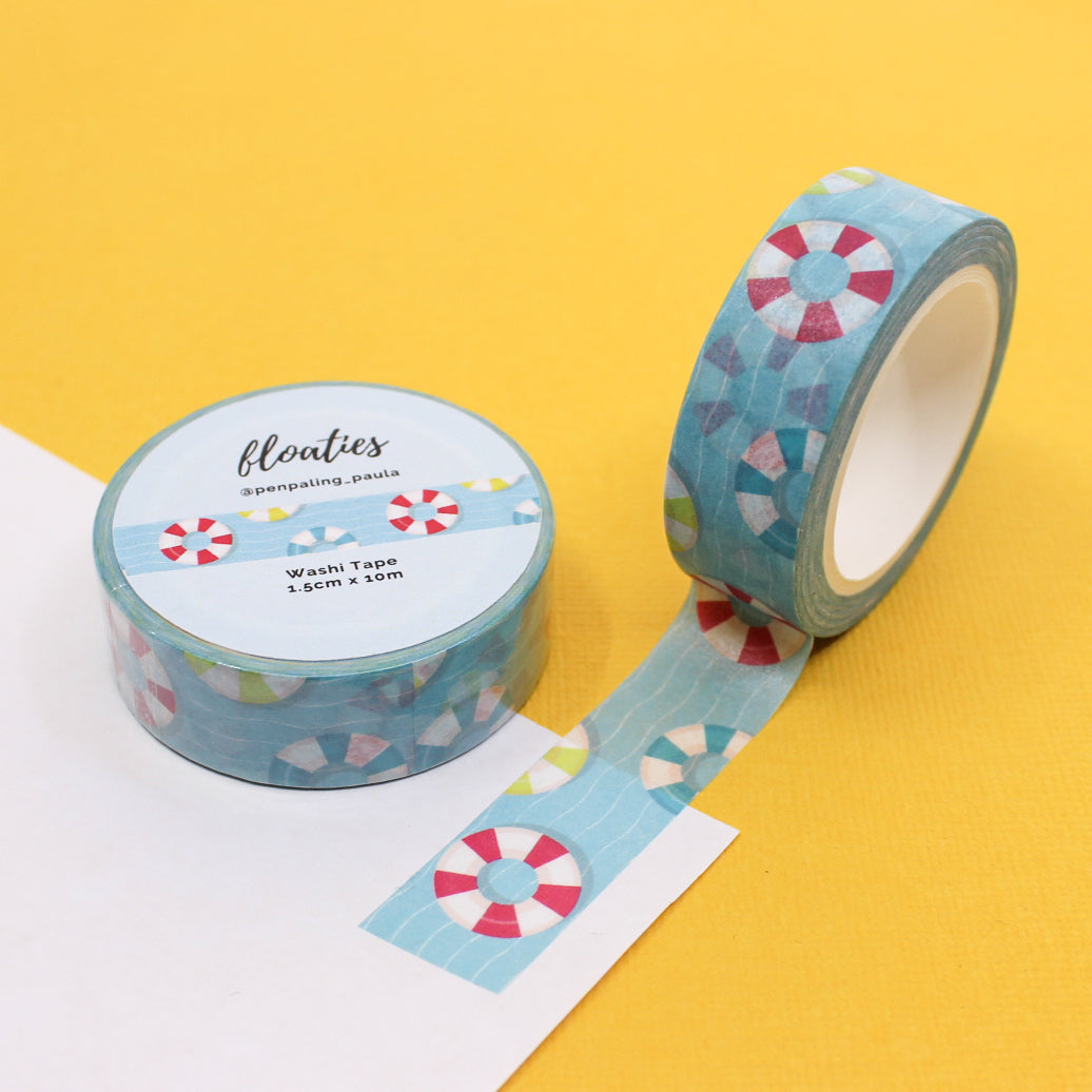 Add a splash of fun to your crafts with this playful washi tape featuring colorful pool floaties and tropical designs, perfect for summer-themed projects and planners. This tape is from Penpaling Paula and sold at BBB Supplies Craft Shop.