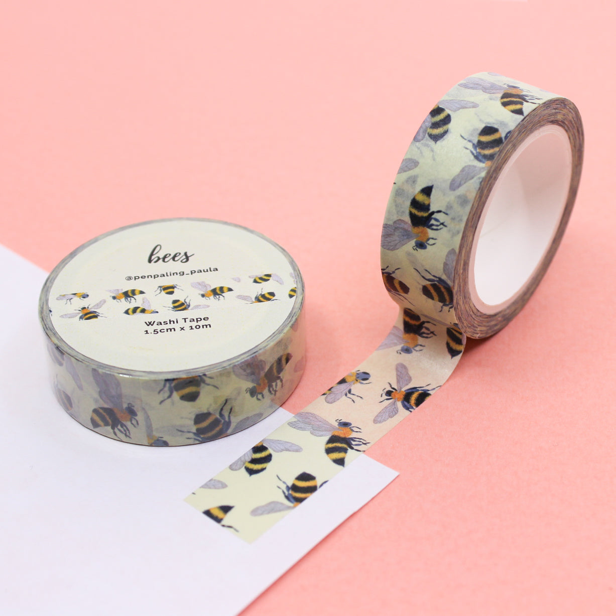 Sweet Spring Yellow Bee Washi Tape: Adorable washi tape featuring yellow bees, perfect for adding a cheerful touch to your spring-themed crafts and projects. This tape is from Penpaling Paula and sold at BBB Supplies Craft Shop. 