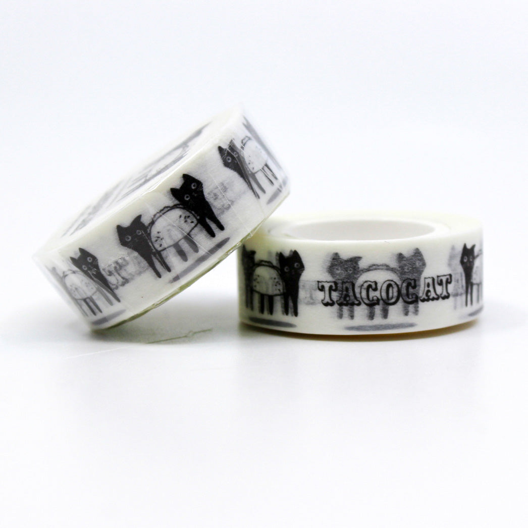 "Black and White Taco Cat Washi" showcases quirky black and white taco-loving cats, adding a whimsical touch to your planners, journals, and craft projects. Perfect for cat lovers and taco enthusiasts alike!