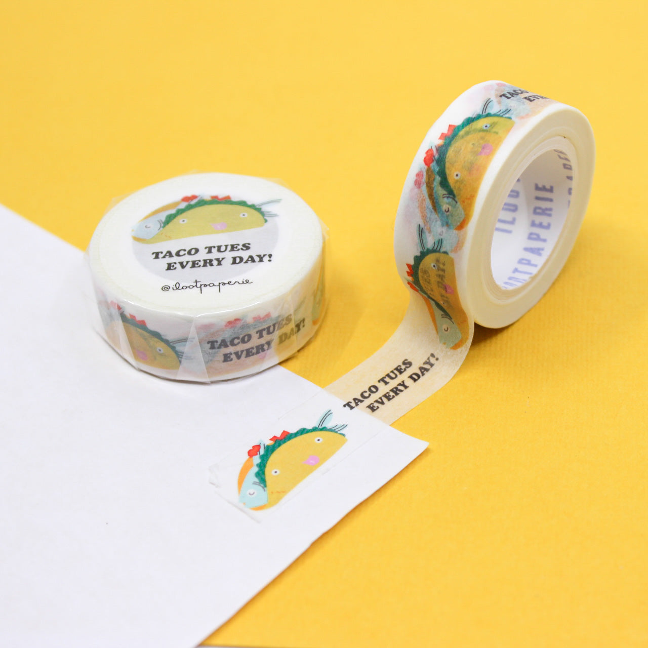 "Taco Tuesday Washi Tape" features vibrant taco designs, perfect for adding a festive flair to planners, journals, or any taco-themed craft project. Ideal for celebrating everyone's favorite day of the week!