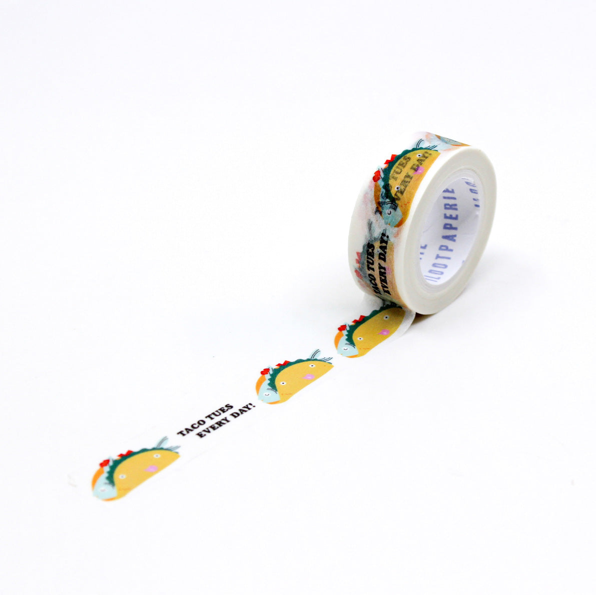 "Taco Tuesday Washi Tape" features vibrant taco designs, perfect for adding a festive flair to planners, journals, or any taco-themed craft project. Ideal for celebrating everyone's favorite day of the week!