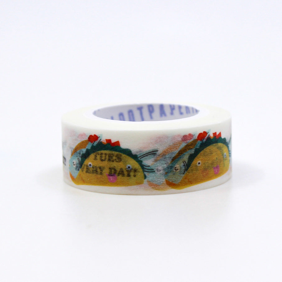 "Taco Tuesday Washi Tape" features vibrant taco designs, perfect for adding a festive flair to planners, journals, or any taco-themed craft project. Ideal for celebrating everyone's favorite day of the week!