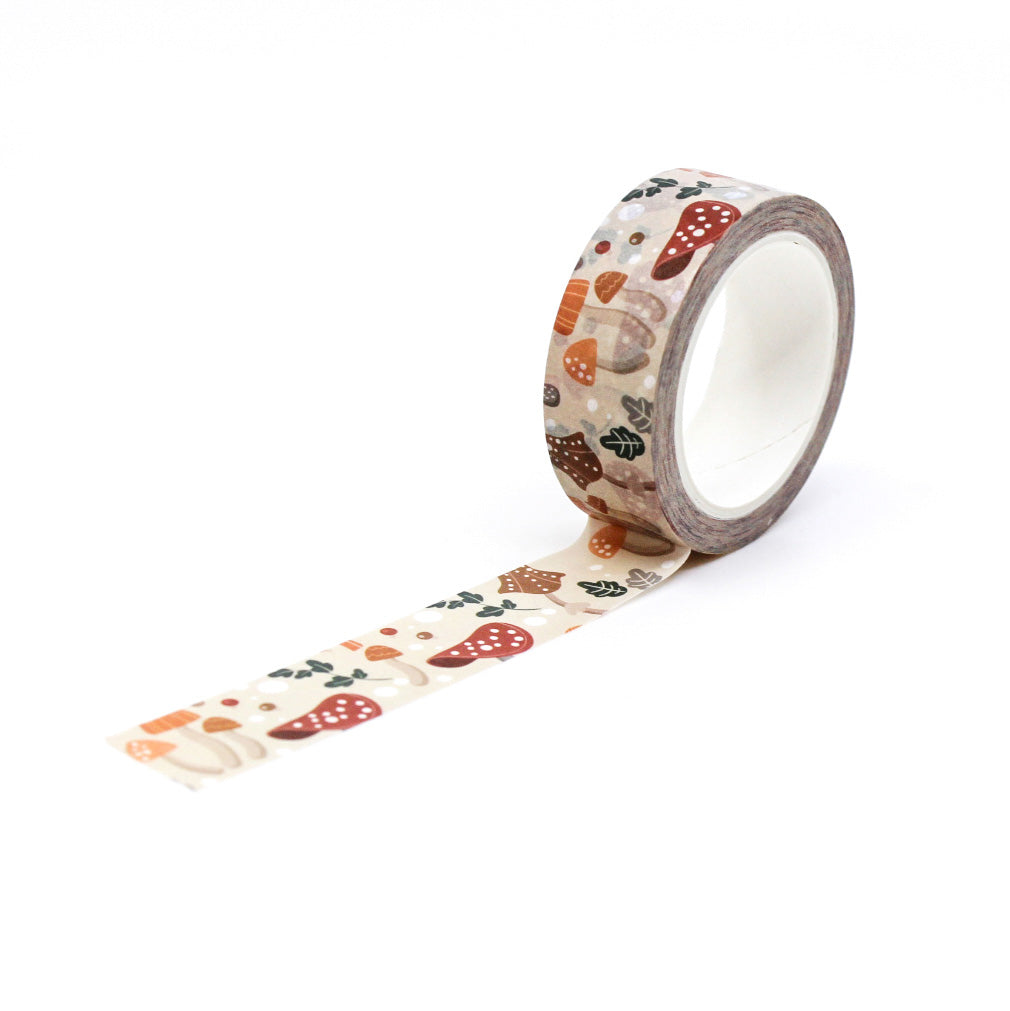 Add a natural touch to your projects with this washi tape featuring a pattern of tan mushrooms. Perfect for nature-themed crafts, scrapbooking, or adding a rustic flair to your journal pages. This tape is sold at BBB Supplies Craft Shop.