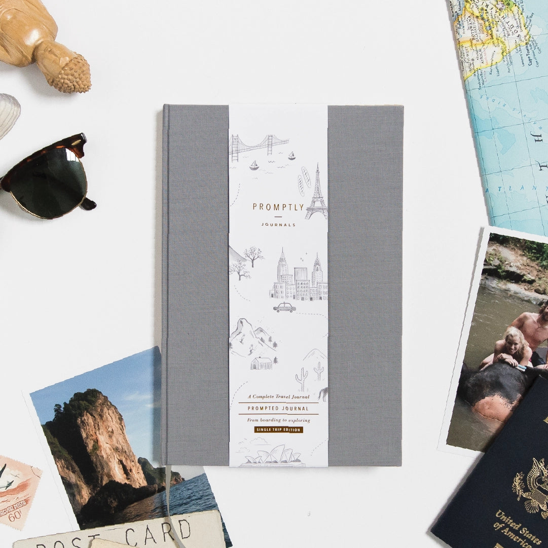 This grey travel journal is a perfect way to document the best parts of your trip, with prompts along the way, resulting in a keepsake journal! This journal is from promptly and sold at BBB Supplies Craft Shop.