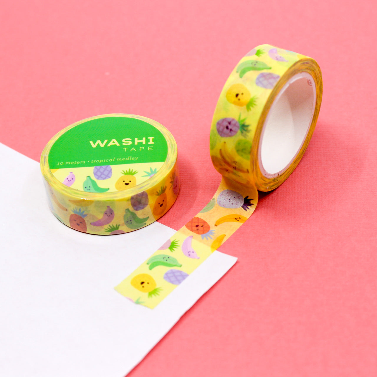 Tropical Fruit Washi Tape with colorful illustrations of bananas and pineapples, perfect for adding a vibrant tropical touch to planners, journals, and crafts.