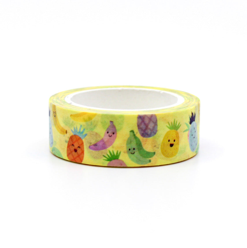 Tropical Fruit Washi Tape with colorful illustrations of bananas and pineapples, perfect for adding a vibrant tropical touch to planners, journals, and crafts.