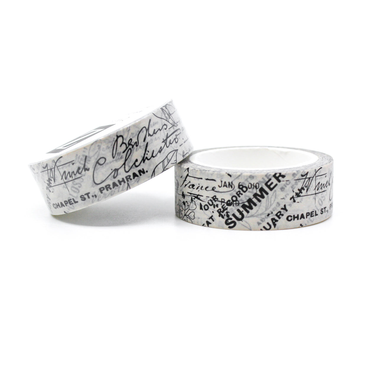 Embrace a timeless aesthetic and capture a touch of nostalgia with our elegant black and grey washi tape, showcasing a vintage postmark image for a touch of vintage charm. This tape is designed by Zynshe and sold at BBB Supplies Craft Shop.