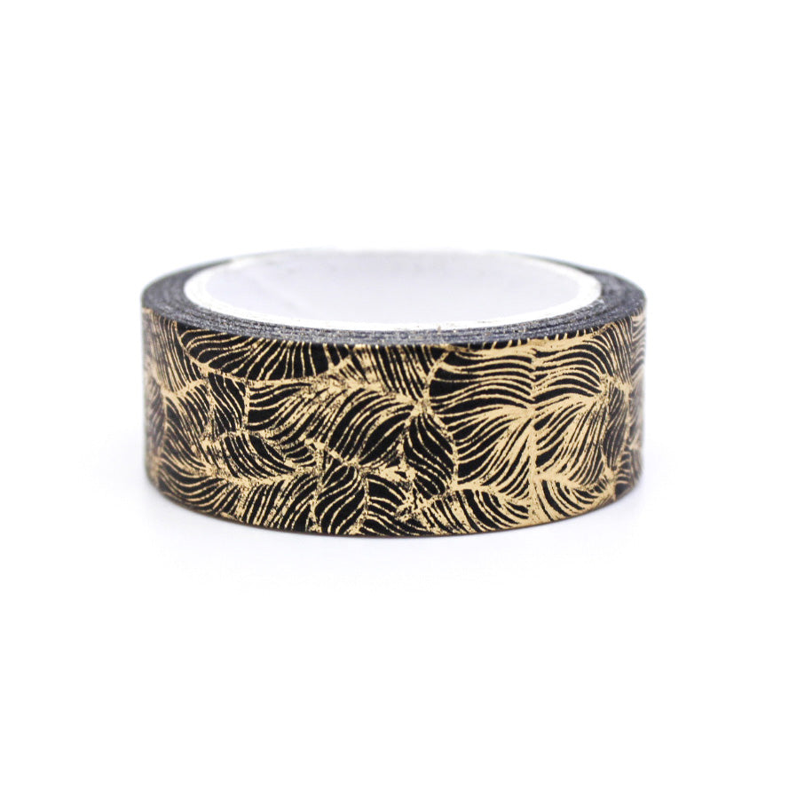 Luxury gold foil washi tape with black background and feather motif