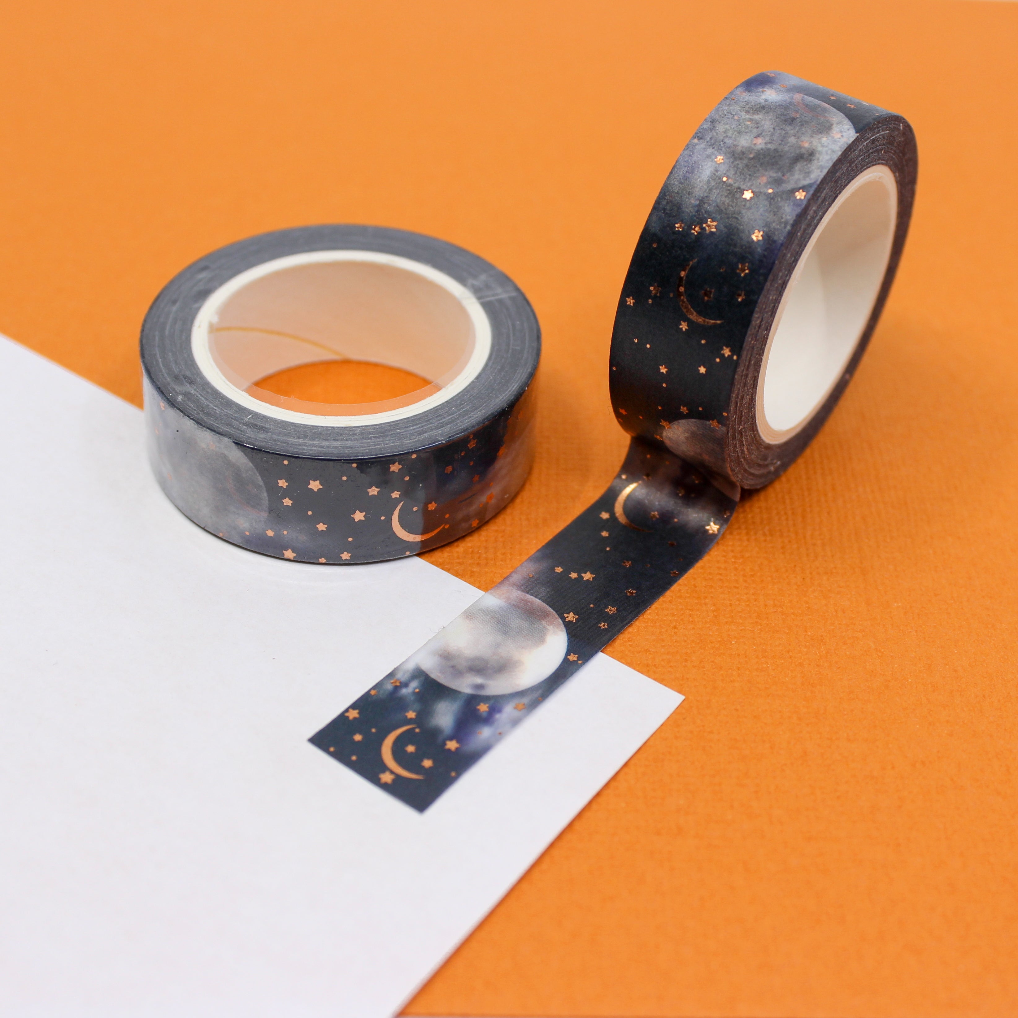 Add a touch of magic to your projects with our captivating gold foil washi tape, adorned with a celestial night sky and a radiant moon This tape is sold at BBB Supplies Craft Shop.