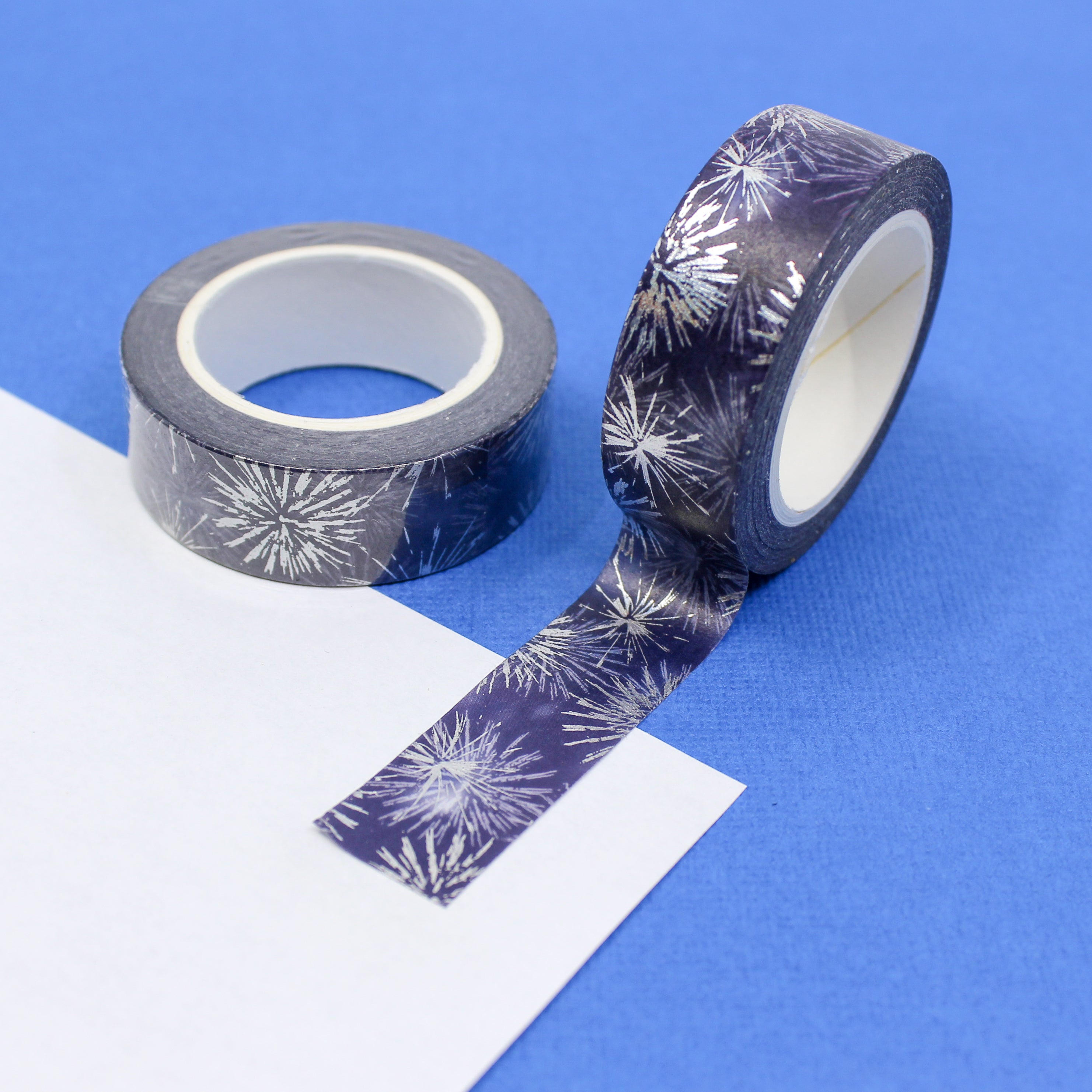 Celebrate in style with our dazzling silver foil and blue fireworks washi tape, perfect for Fourth of July or New Year's crafts. This tape is sold at BBB Supplies Craft Shop.