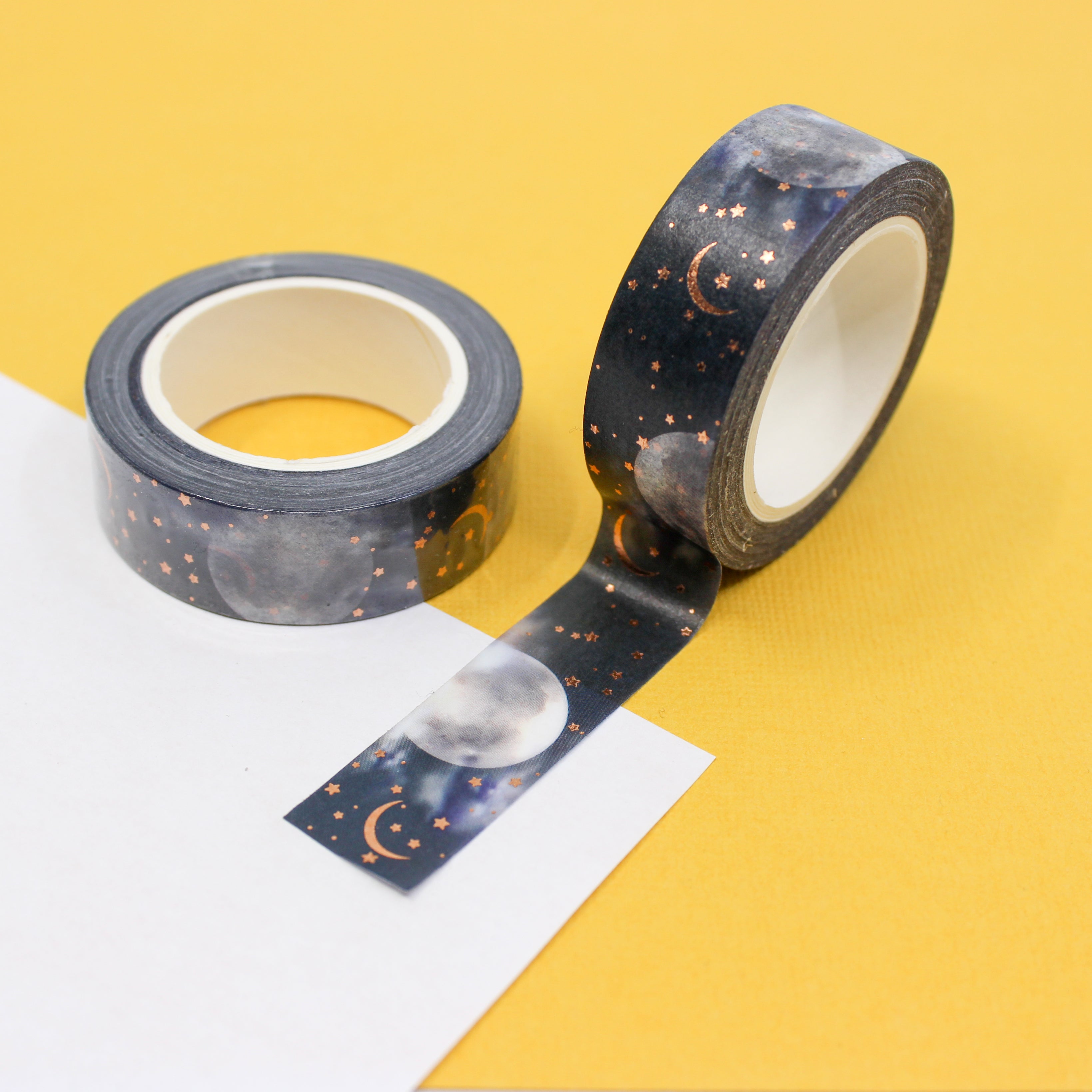 Add a touch of magic to your projects with our captivating gold foil washi tape, adorned with a celestial night sky and a radiant moon This tape is sold at BBB Supplies Craft Shop.