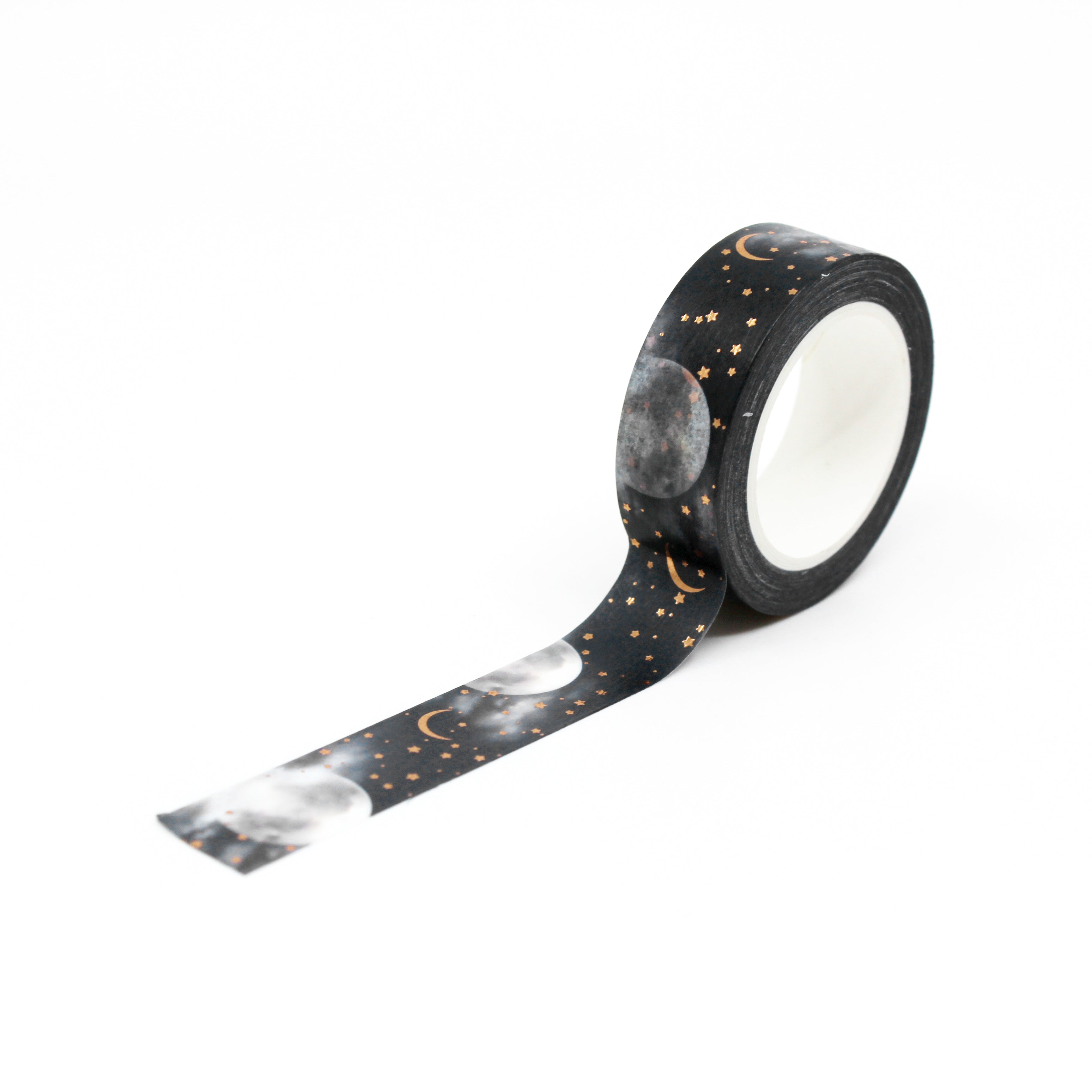 Add a touch of magic to your projects with our captivating gold foil washi tape, adorned with a celestial night sky and a radiant moon This tape is sold at BBB Supplies Craft Shop.