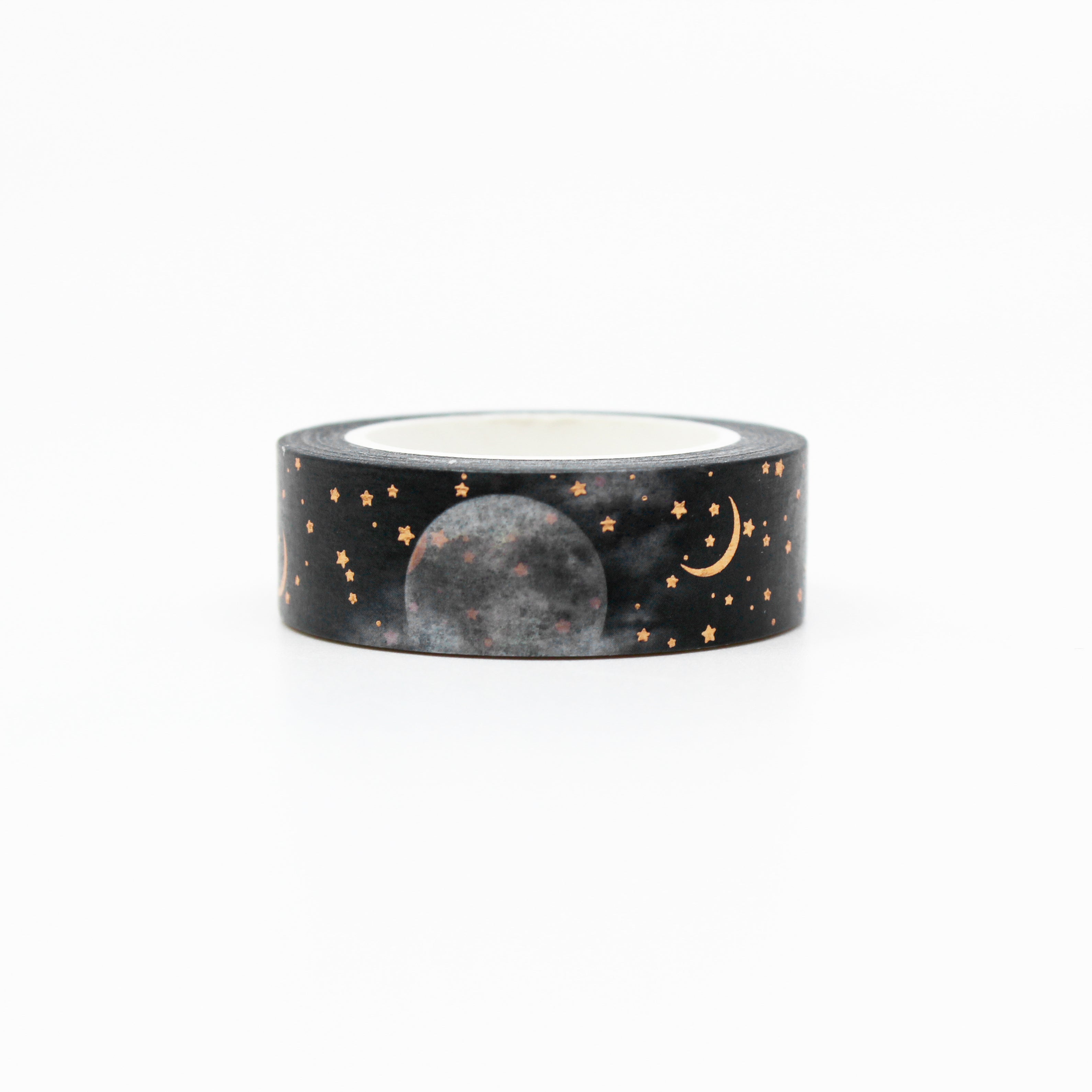 Add a touch of magic to your projects with our captivating gold foil washi tape, adorned with a celestial night sky and a radiant moon This tape is sold at BBB Supplies Craft Shop.