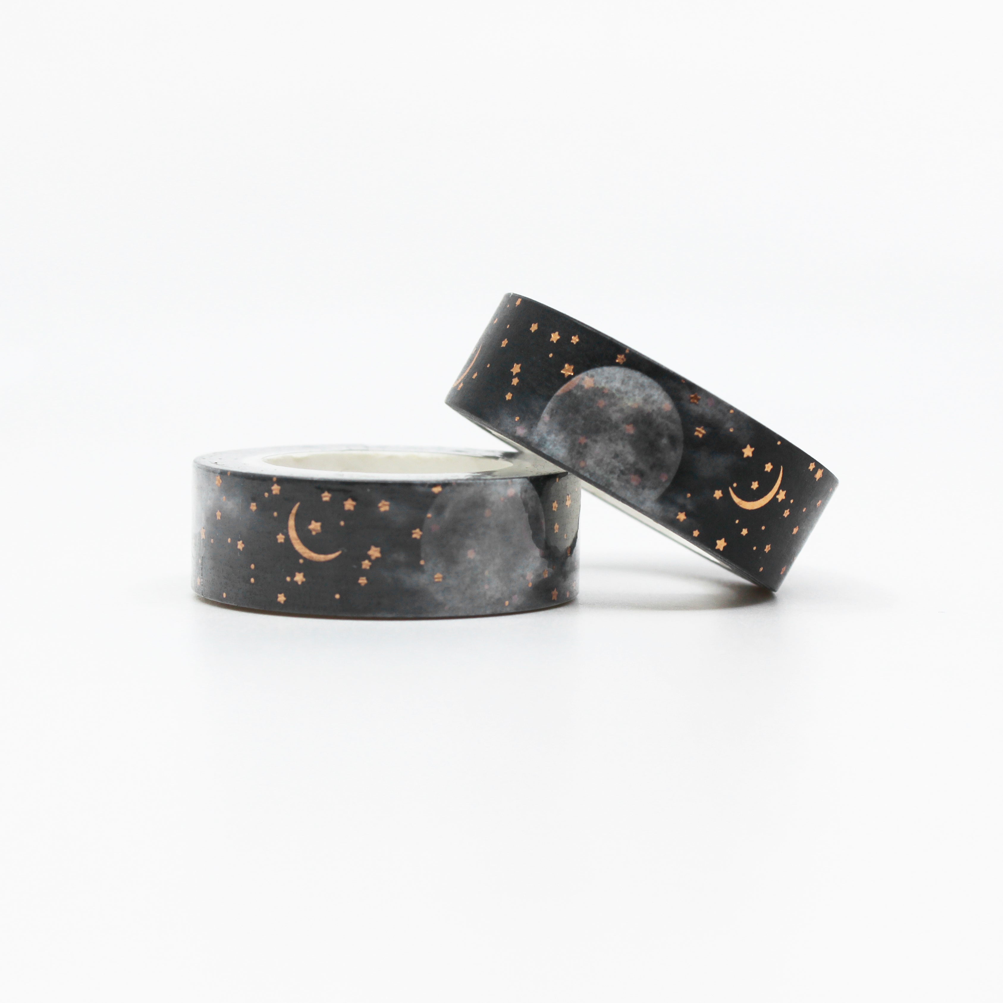 Add a touch of magic to your projects with our captivating gold foil washi tape, adorned with a celestial night sky and a radiant moon This tape is sold at BBB Supplies Craft Shop.