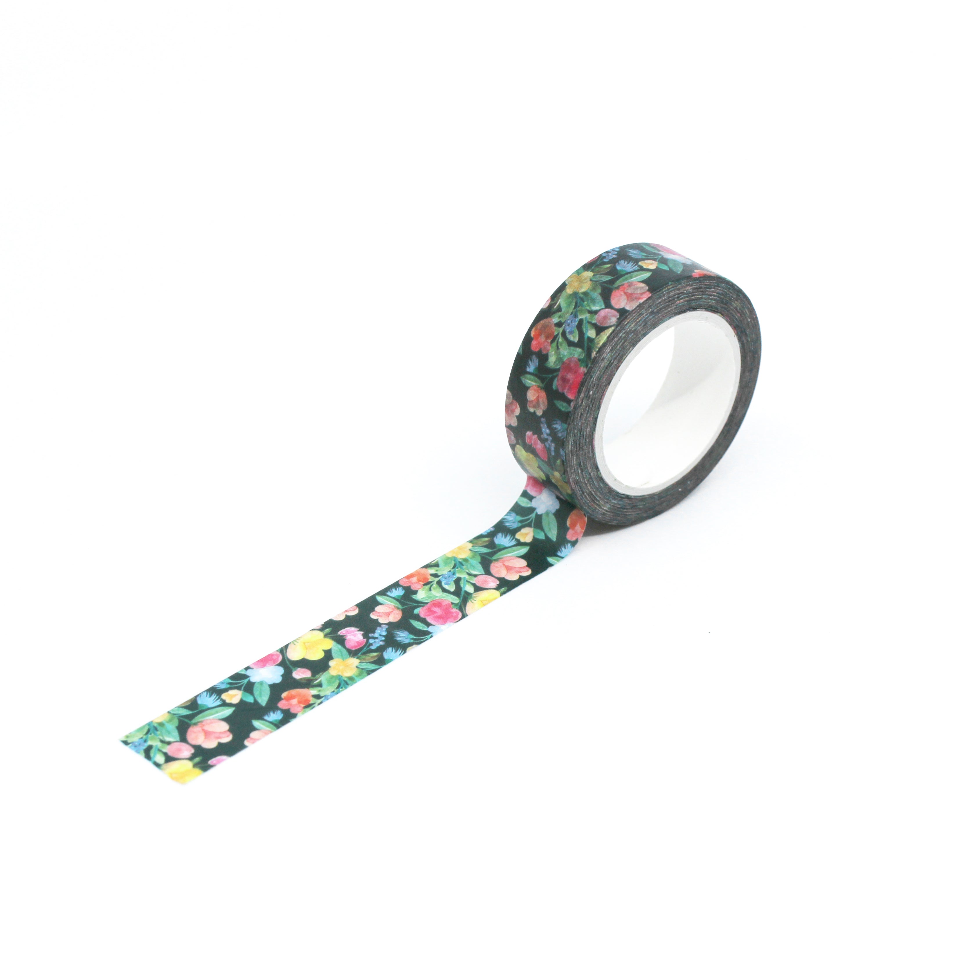 Infuse vibrance into your projects with our striking bright flower on black background washi tape, adding a pop of color to your creations. This floral tape is sold at BBB Supplies Craft Shop.