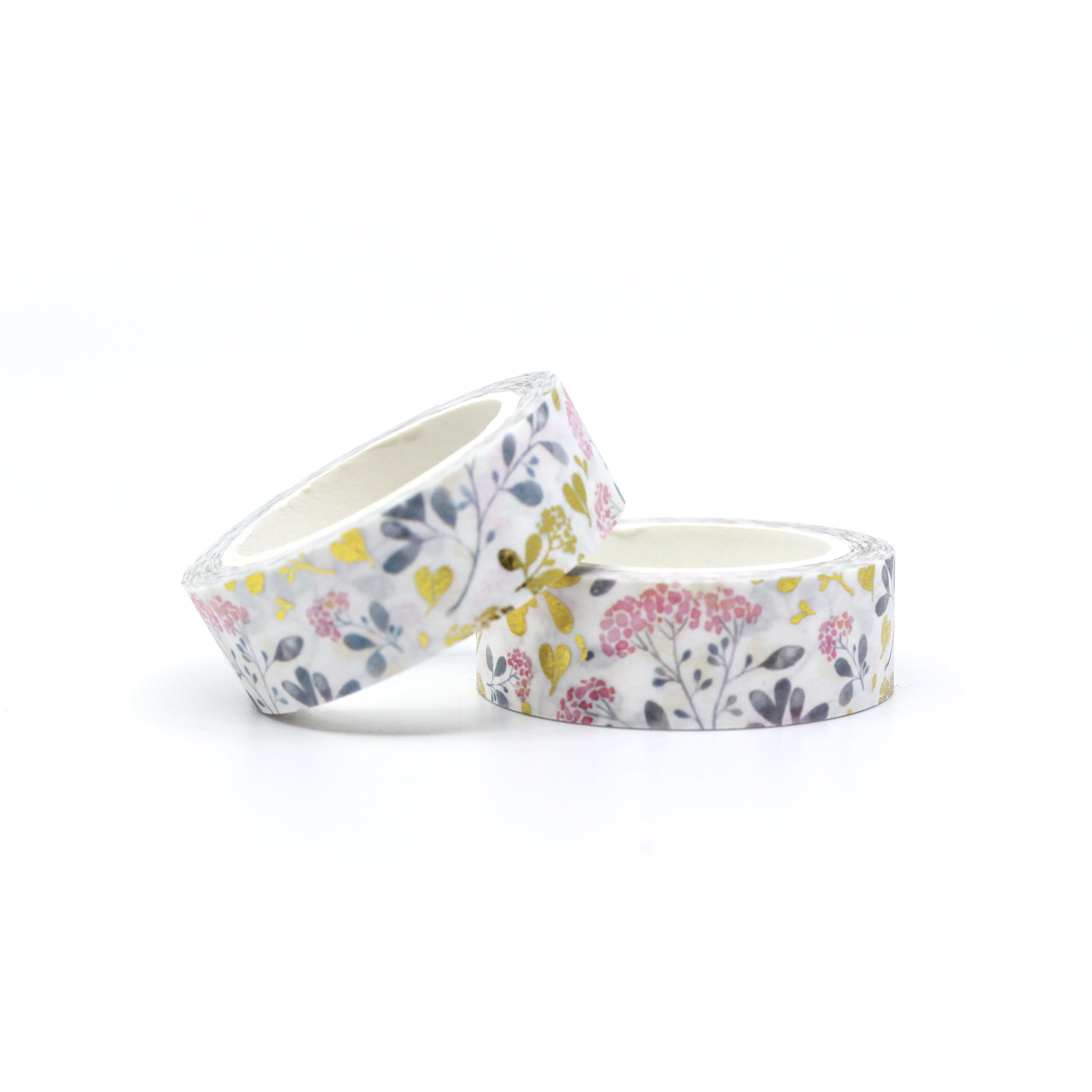 Add a touch of elegance to your crafts with our hydrangea floral washi tape, featuring beautiful hydrangea blooms adorned with shimmering gold foil accents. This tape is sold at BBB Supplies Craft Shop.