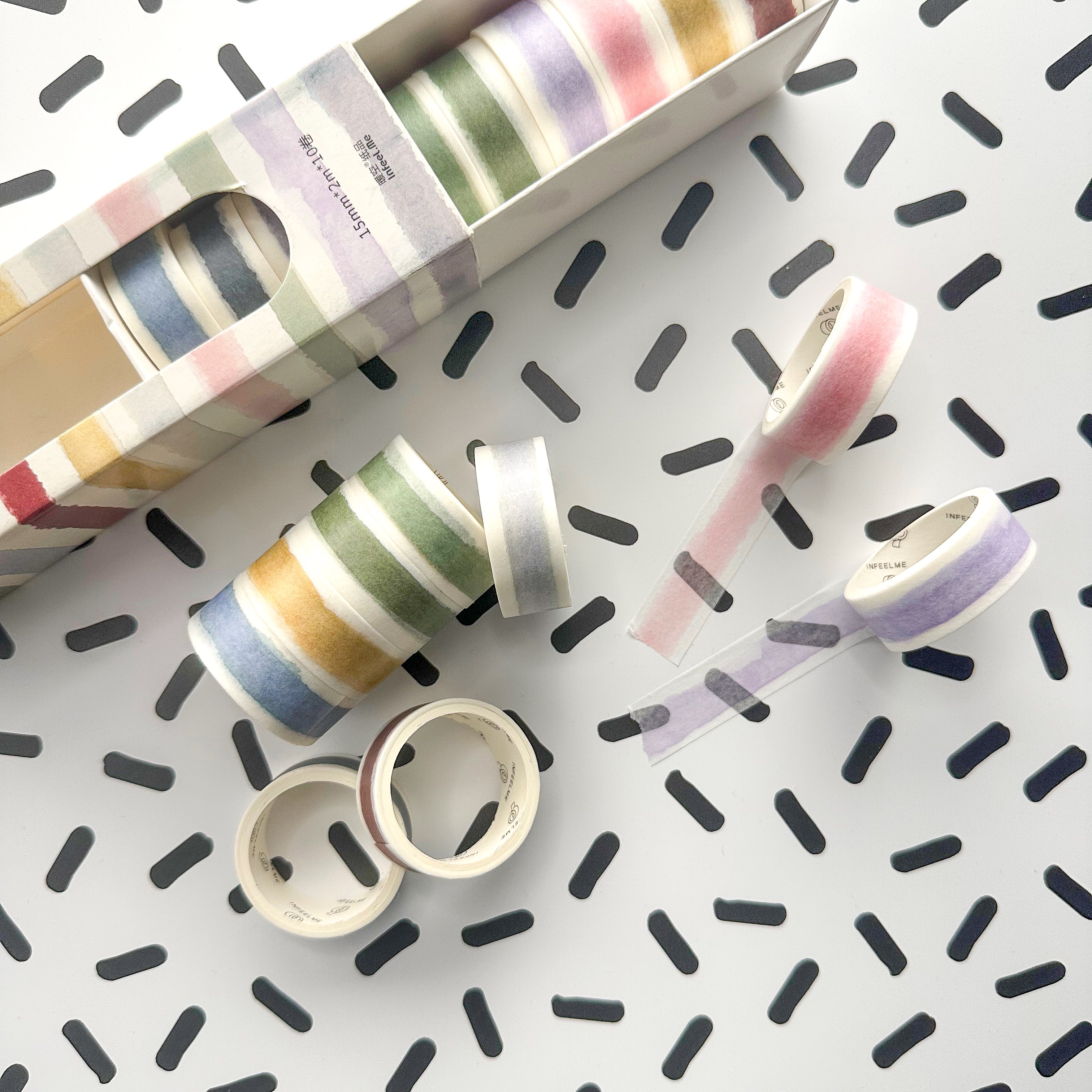 Get creative with our collection of 10 watercolor washi tapes in a beautiful rainbow palette, ideal for scrapbooking, journaling, and DIY crafts. These are especially perfect for easy banners on your spread. This collection is sold at BBB Supplies Craft Shop.