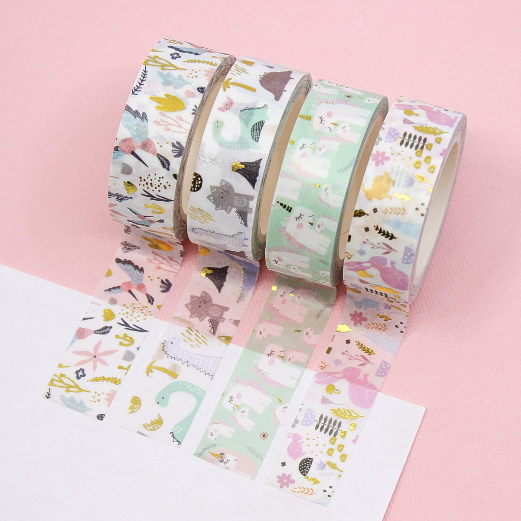 Embark on a whimsical adventure with our fairytale dinosaur washi tape, featuring charming dinosaurs amidst a magical landscape, perfect for kids and dinosaur enthusiasts. This tape is sold at BBB Supplies Craft Shop.