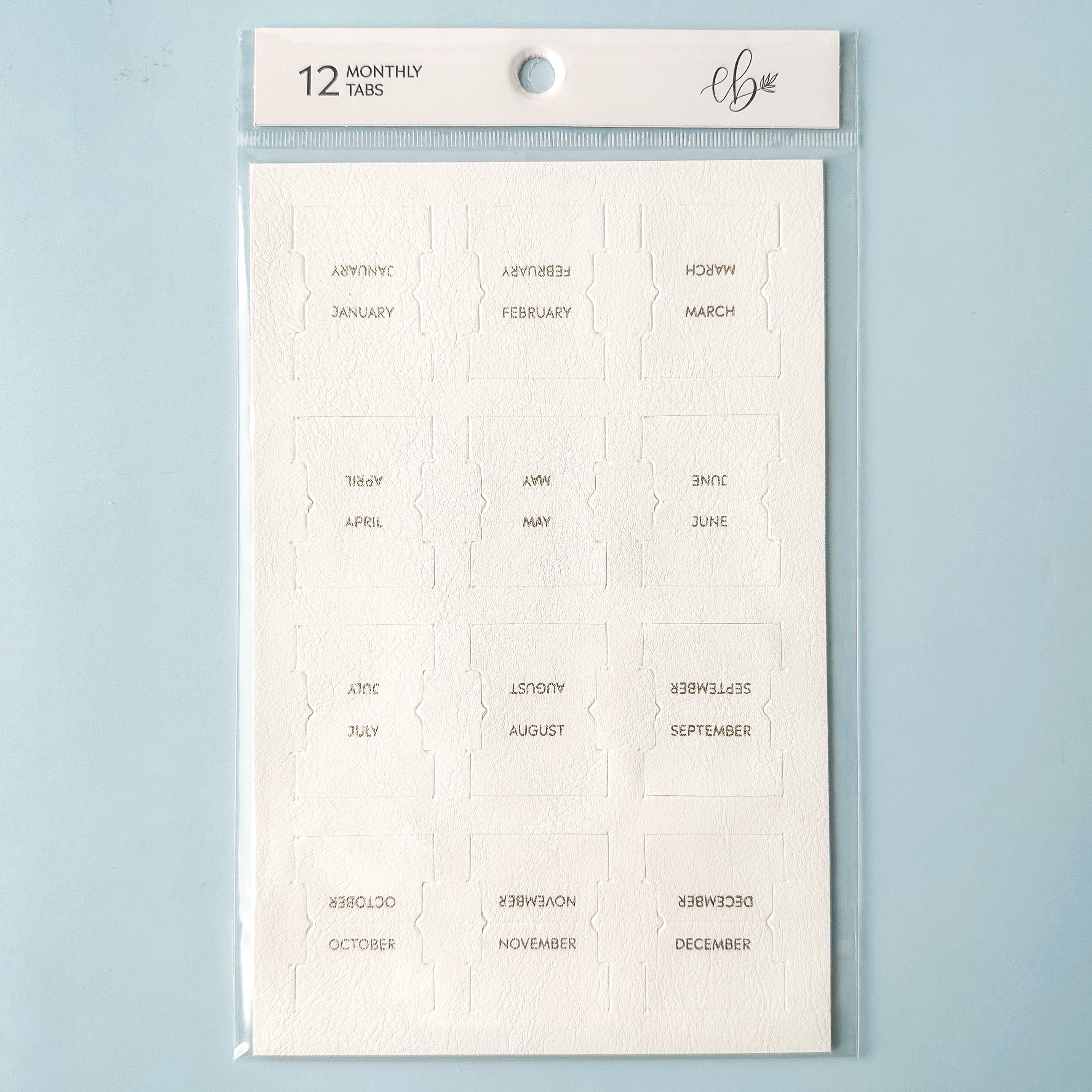 Faux Leather Monthly Tabs: Stylish and functional tabs for organizing your bullet journal or planner. These tabs are from Elyse Breanne Design and sold at BBB Supplies Craft Shop.