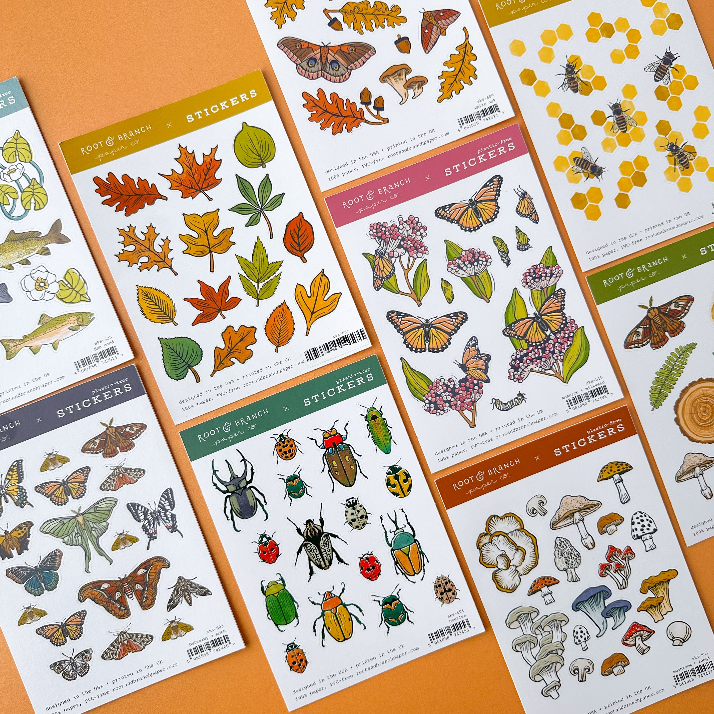Sticker sheets featuring woodland animals, greenery, mushrooms, and nature-themed illustrations perfect for journals, planners, and crafting.
