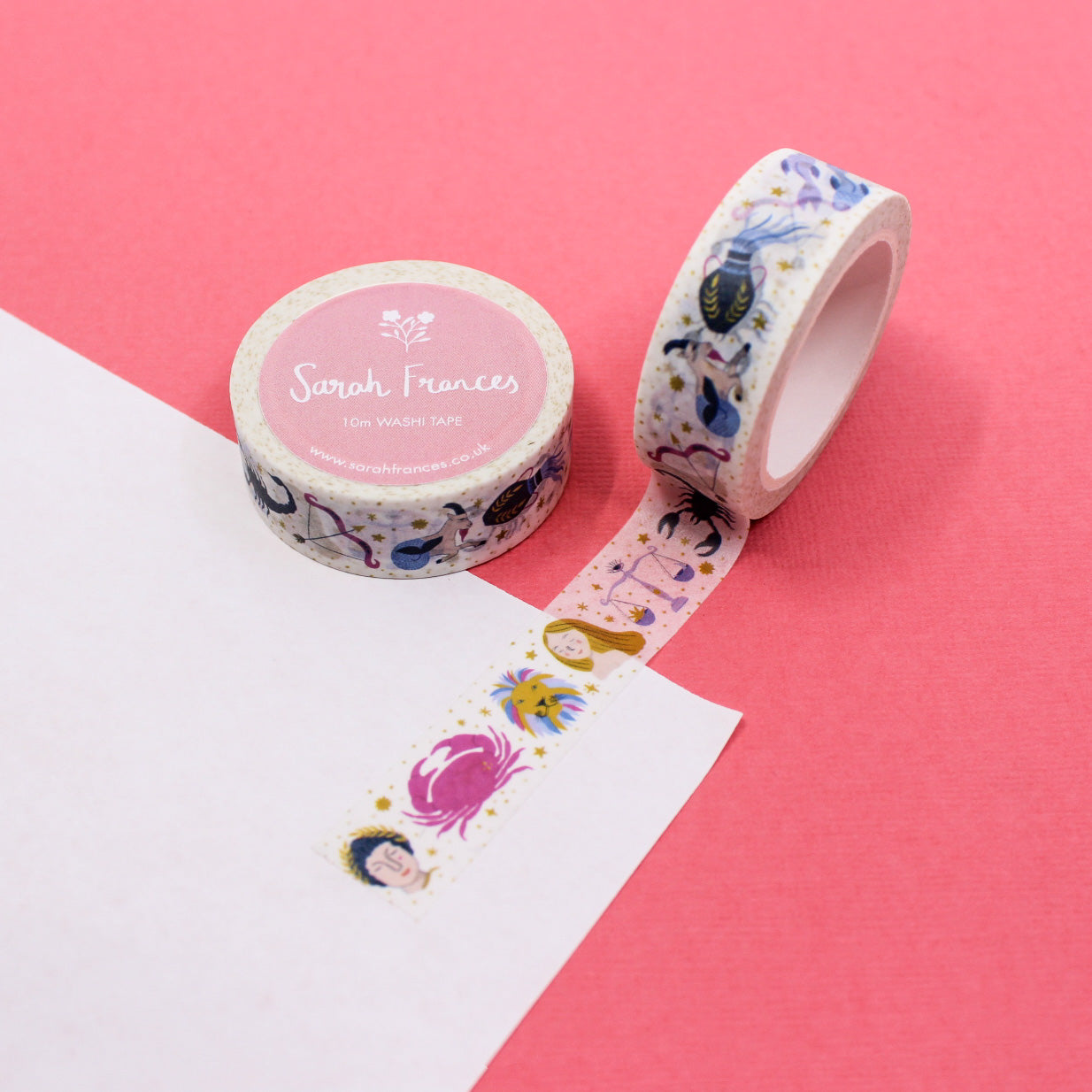 This washi tape features twelve unique illustrations of each of the zodiac symbols set on a starry backdrop. This washi is designed by Sarah Frances and sold at BBB Supplies Craft Shop.