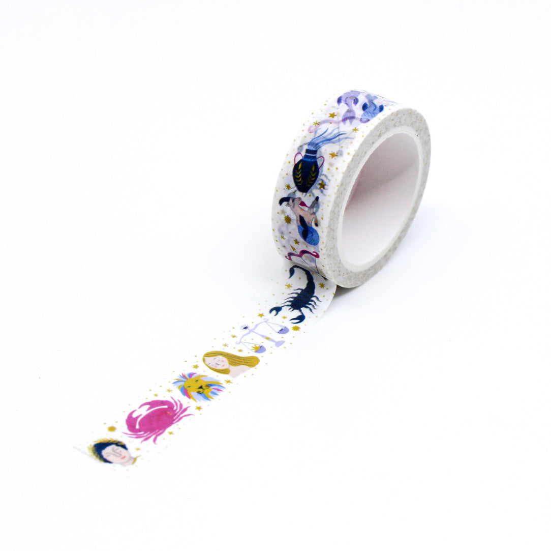 This washi tape features twelve unique illustrations of each of the zodiac symbols set on a starry backdrop. This washi is designed by Sarah Frances and sold at BBB Supplies Craft Shop.