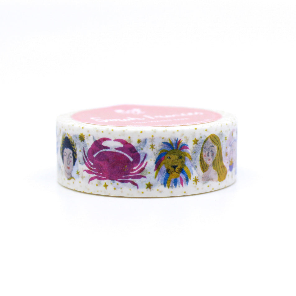 This washi tape features twelve unique illustrations of each of the zodiac symbols set on a starry backdrop. This washi is designed by Sarah Frances and sold at BBB Supplies Craft Shop.