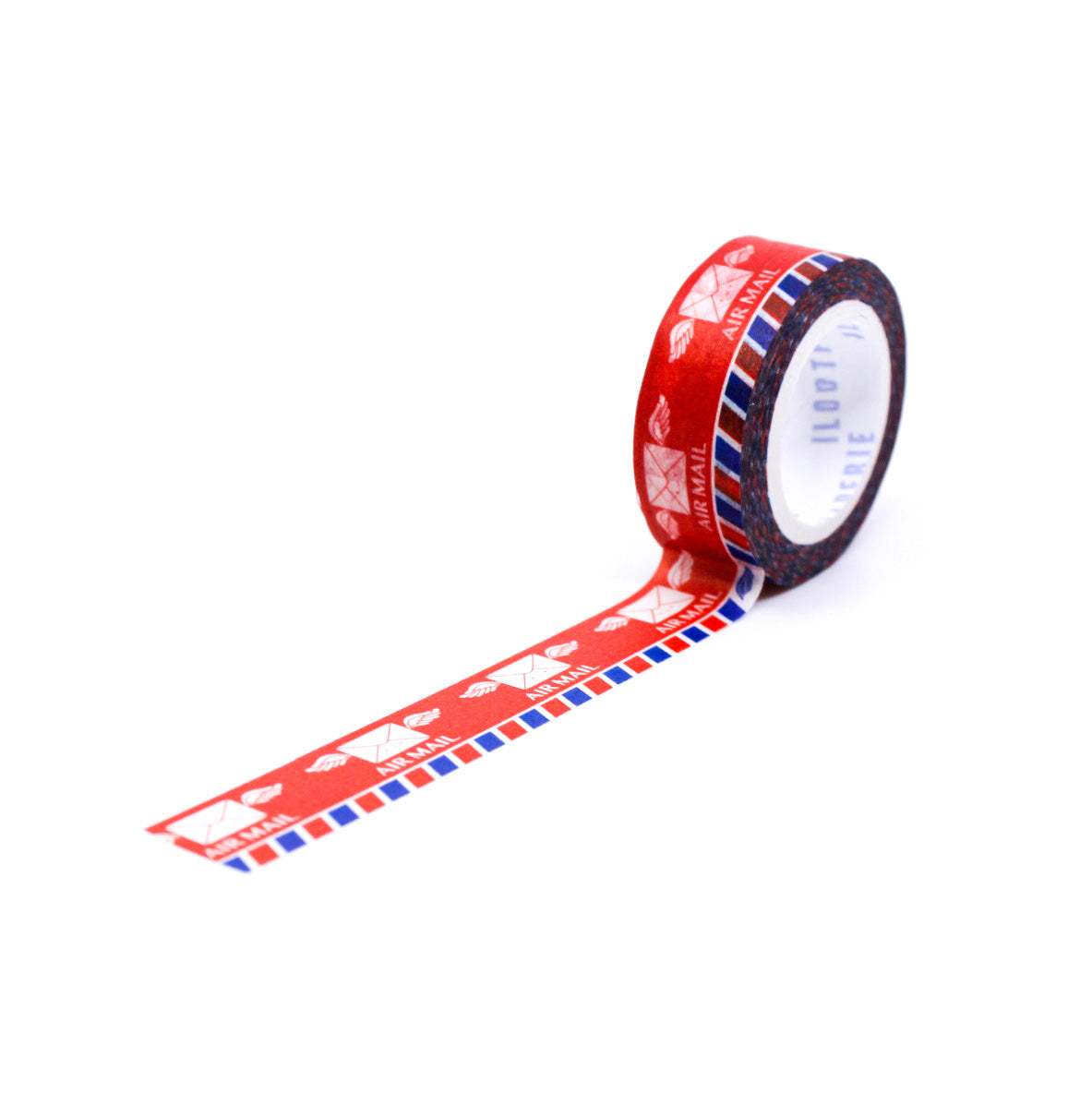 "Traditional Air Mail Washi Tape" showcases classic red and blue stripes with air mail motifs, perfect for adding a vintage touch to your correspondence, scrapbooking, and craft projects.