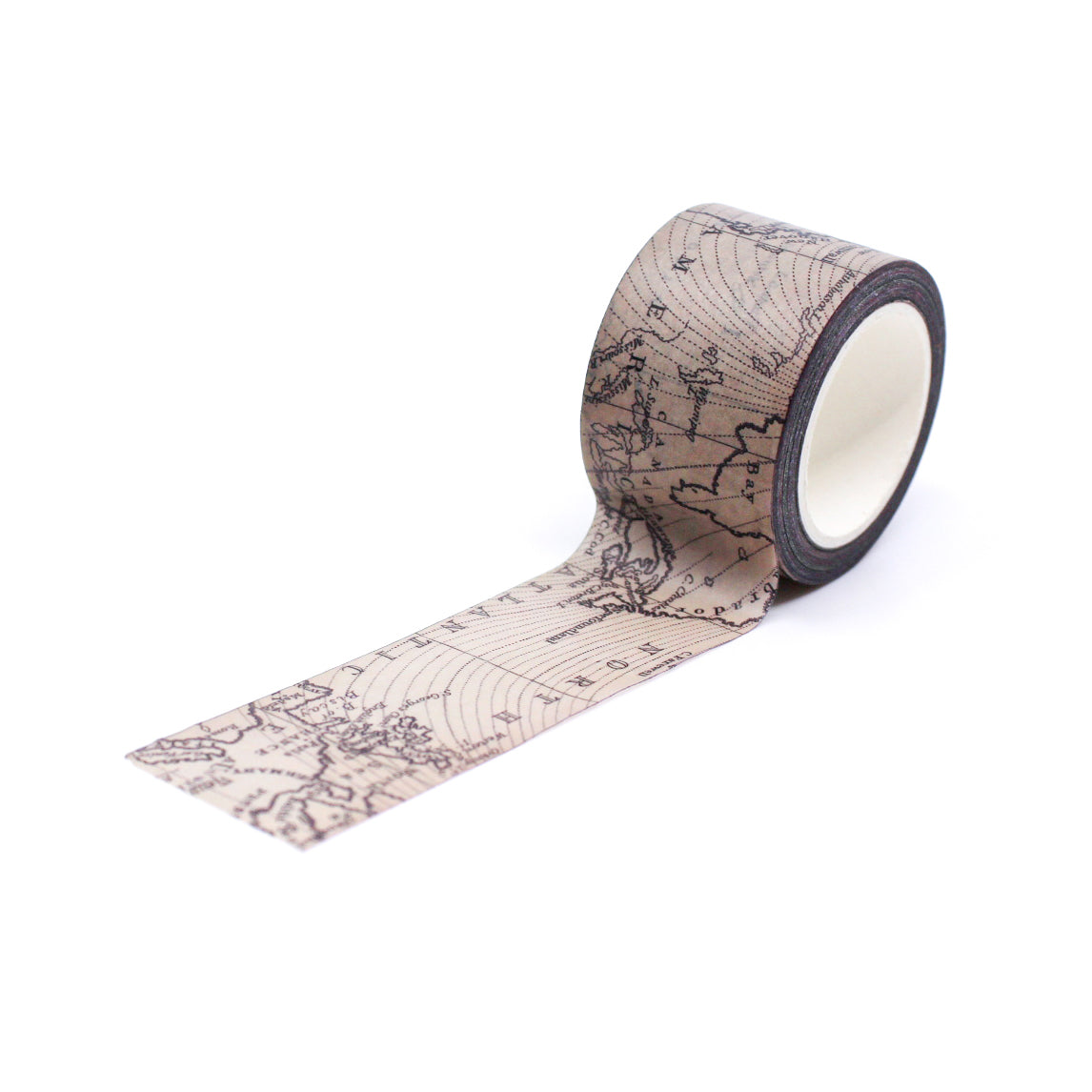 Washi tape featuring an antique world map design, perfect for travel-themed crafts, journaling, and adding a vintage touch to your stationery.