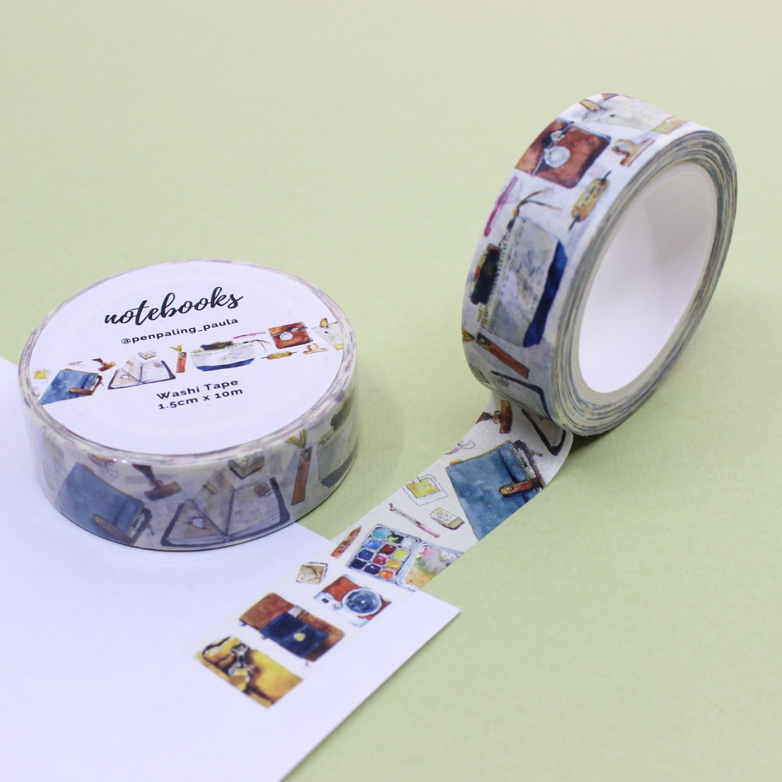 "Art Supplies Notebooks Washi" showcases charming illustrations of art supplies and notebooks, ideal for creative journaling, planner decoration, and art-themed projects.