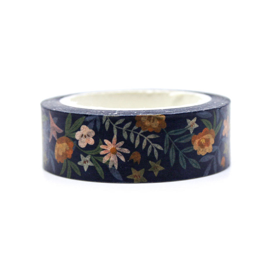 Autumn Floral Tapestry Washi Tape featuring a rich design of fall flowers, leaves, and vines in shades of burgundy, burnt orange, and golden yellow.