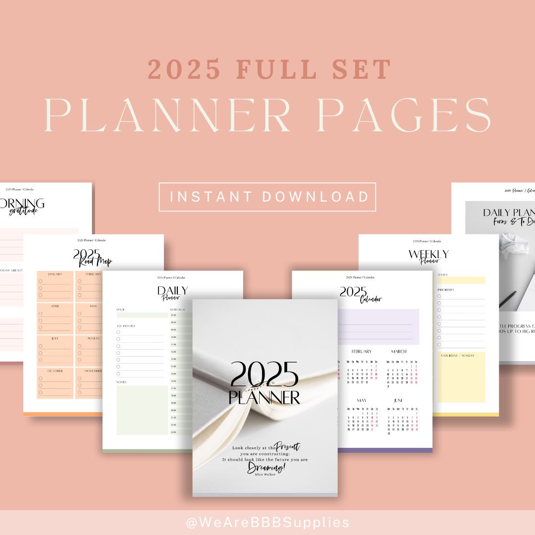 Printable 2025 Planner that includes- mood tracking, Daily, weekly and goal Planning Sheets in pastel colors - daily mood tracker with reflection prompts.
