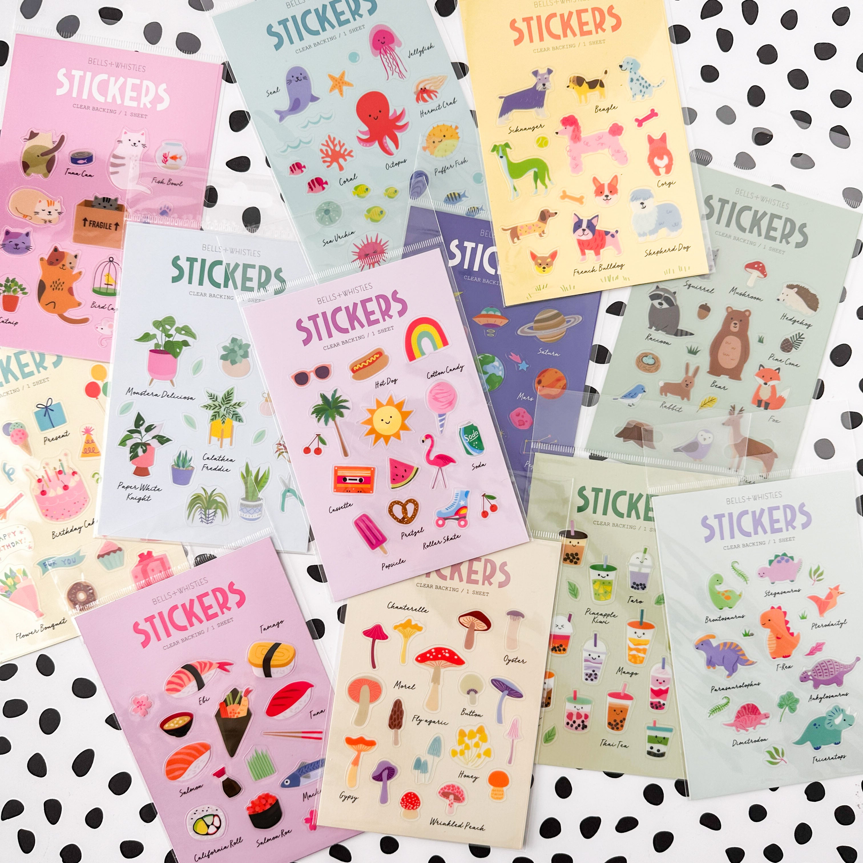 collection of colorful stickers from Girl of all Work sold at BBB Supplies Craft SHop.