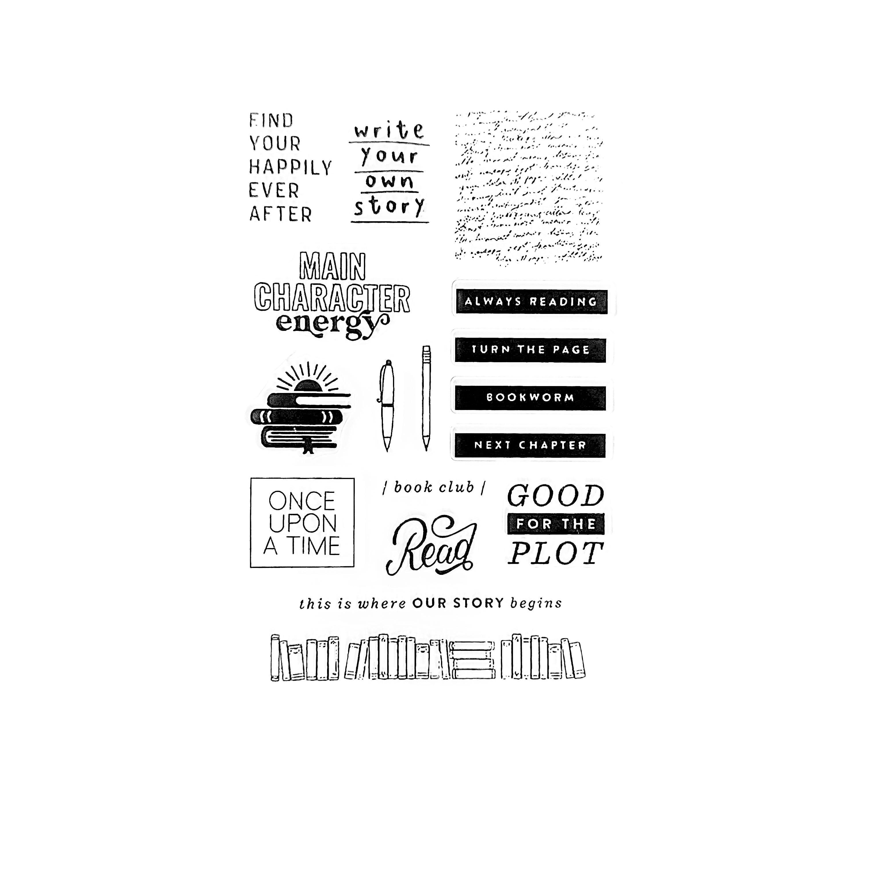 Book lover’s stamp collection on transparent acrylic backing