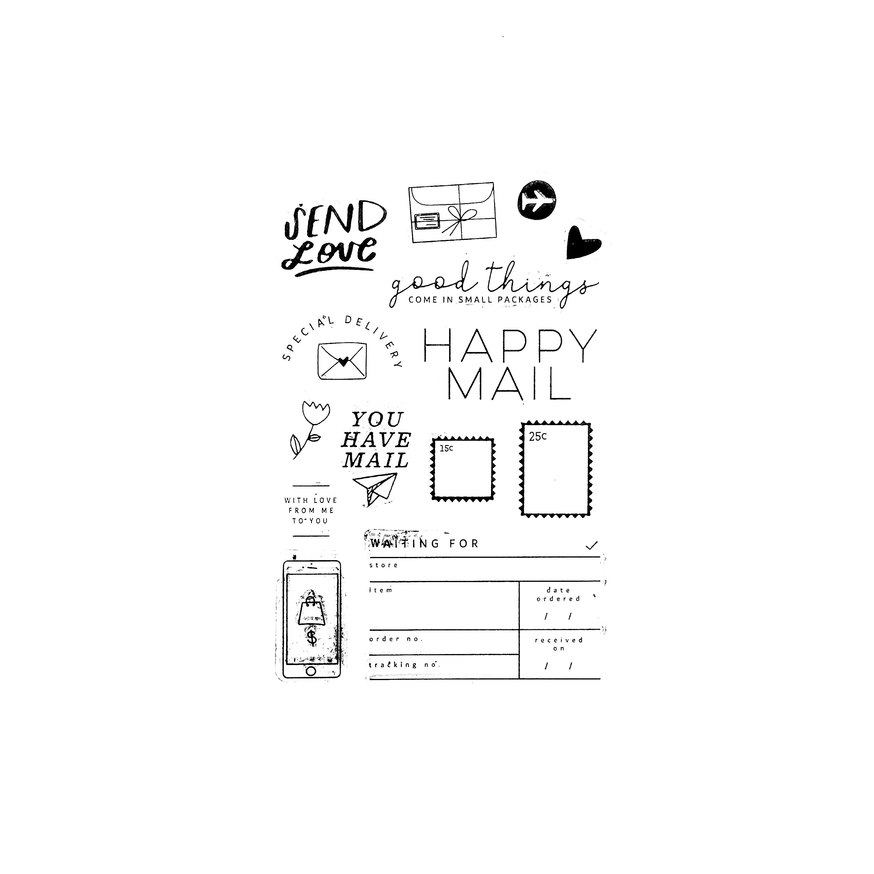 Send Love Mail Acrylic stamp set featuring multiple "Send Love" and "Happy Mail" themed designs, including hearts, envelopes, postage stamps, and sweet snail mail phrases.