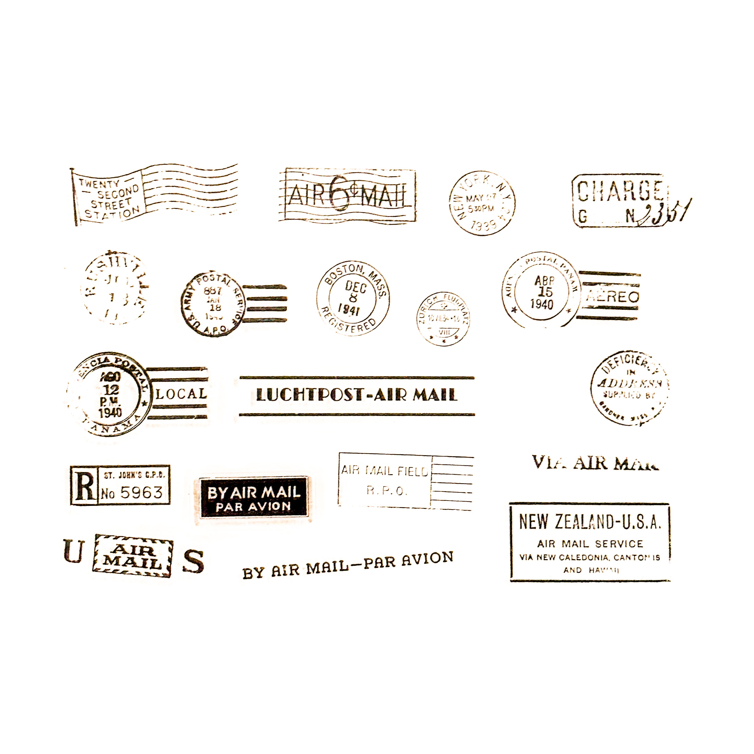 Acrylic stamp set featuring vintage postage, travel icons like suitcases, globes, and airplanes, perfect for travel-themed crafts.