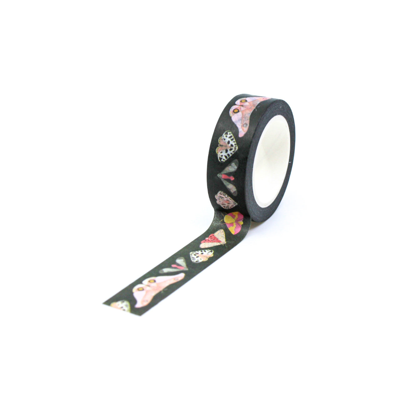 Embrace the beauty of nature with our Beautiful Moths Washi Tape on a striking black background, showcasing an array of exquisite moth illustrations. Ideal for adding a touch of elegance and nature-inspired artistry to your projects. This tape is from Beve! and sold at BBB Supplies Craft Shop.