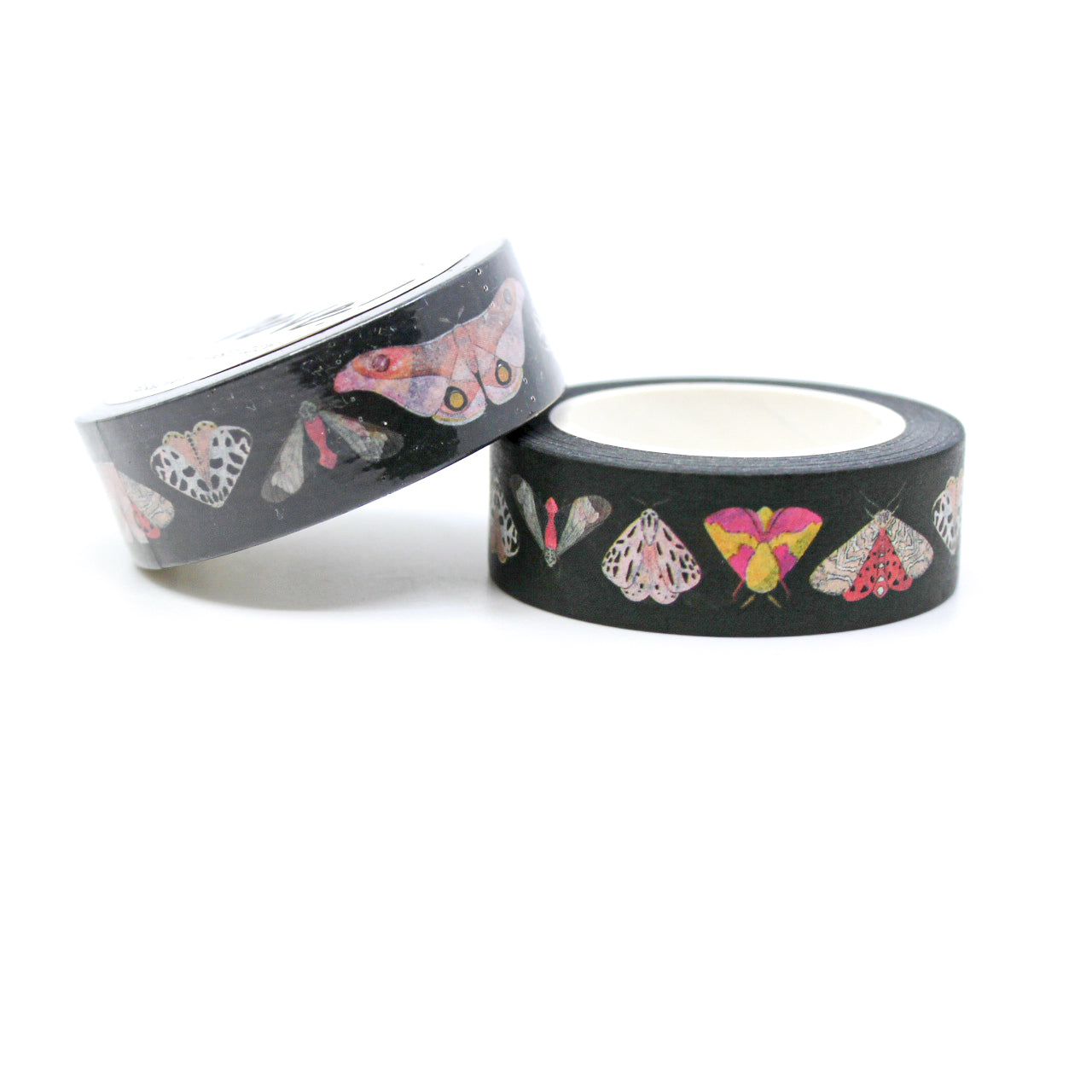 Embrace the beauty of nature with our Beautiful Moths Washi Tape on a striking black background, showcasing an array of exquisite moth illustrations. Ideal for adding a touch of elegance and nature-inspired artistry to your projects. This tape is from Beve! and sold at BBB Supplies Craft Shop.