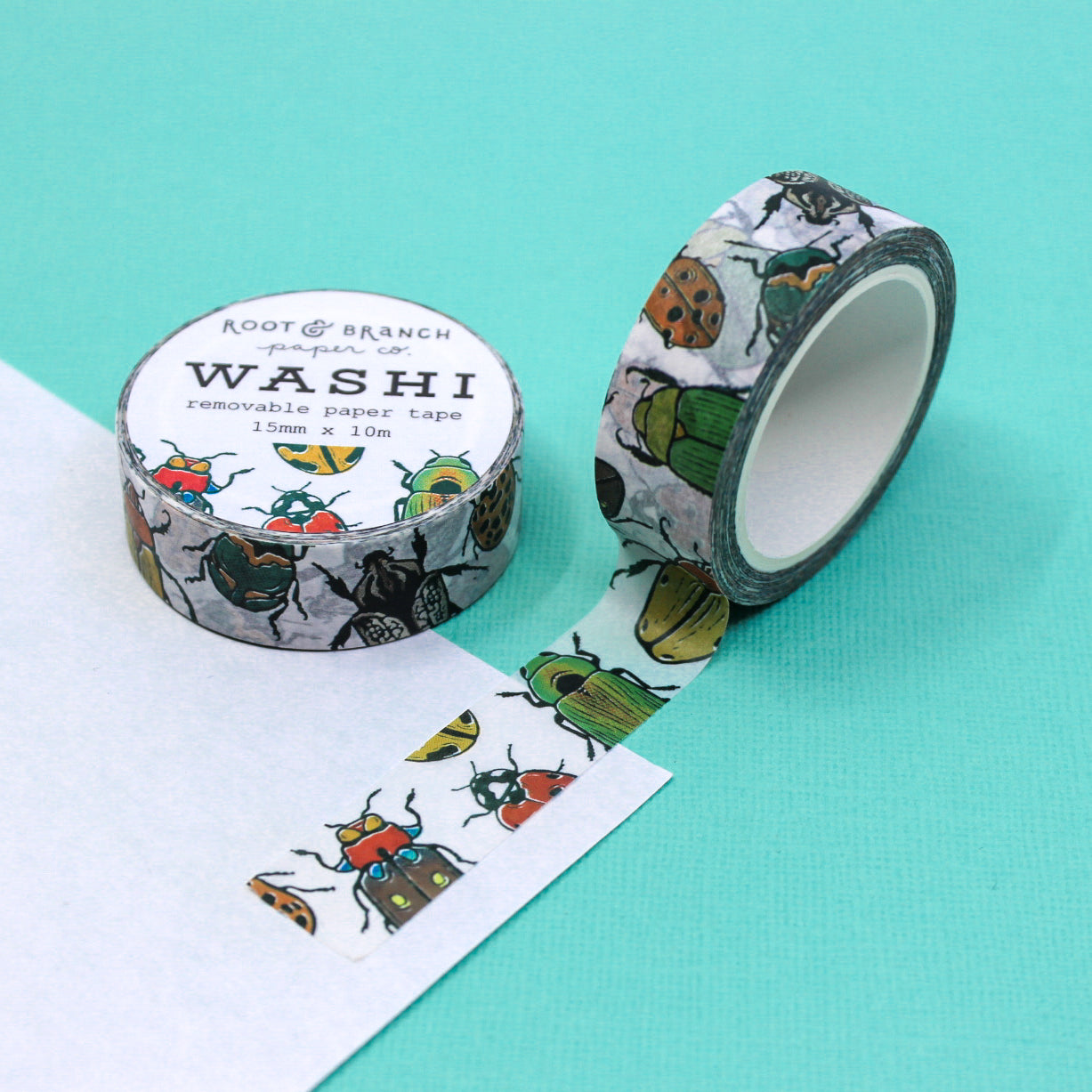 Beautiful Beetles Washi Tape, featuring intricate beetle illustrations, a stunning addition to your crafting supplies. This tape is from Root & Branch Paper Co. and sold at BBB Supplies Craft Shop.