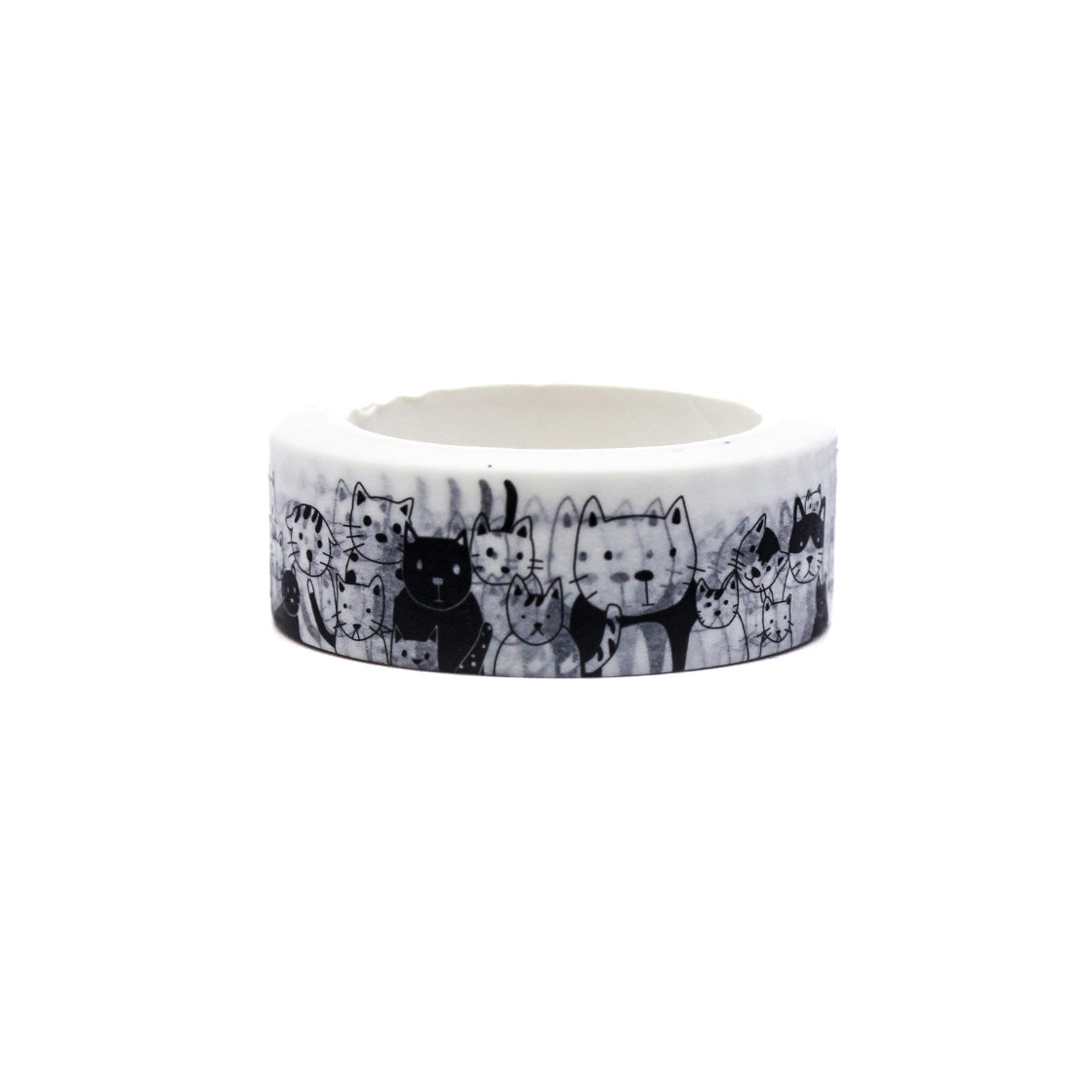 Black & White Cat Doodles Washi Tape featuring playful hand-drawn cat sketches in black on a white background, perfect for adding a whimsical and cute touch to planners, journals, and crafts