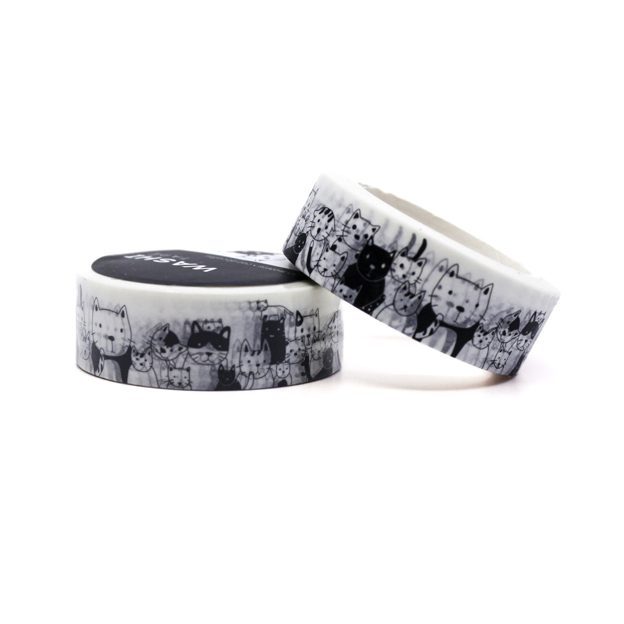 Black & White Cat Doodles Washi Tape featuring playful hand-drawn cat sketches in black on a white background, perfect for adding a whimsical and cute touch to planners, journals, and crafts