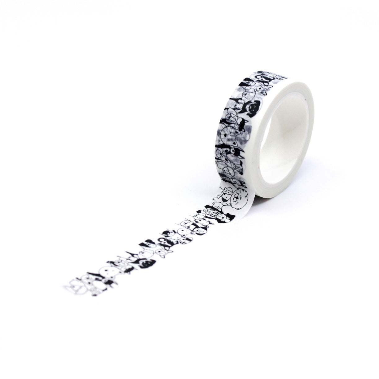 Black & White Dog Doodles Washi Tape featuring fun hand-drawn dog illustrations in black on a white background, ideal for decorating planners, scrapbooks, and gifts with a playful canine theme.