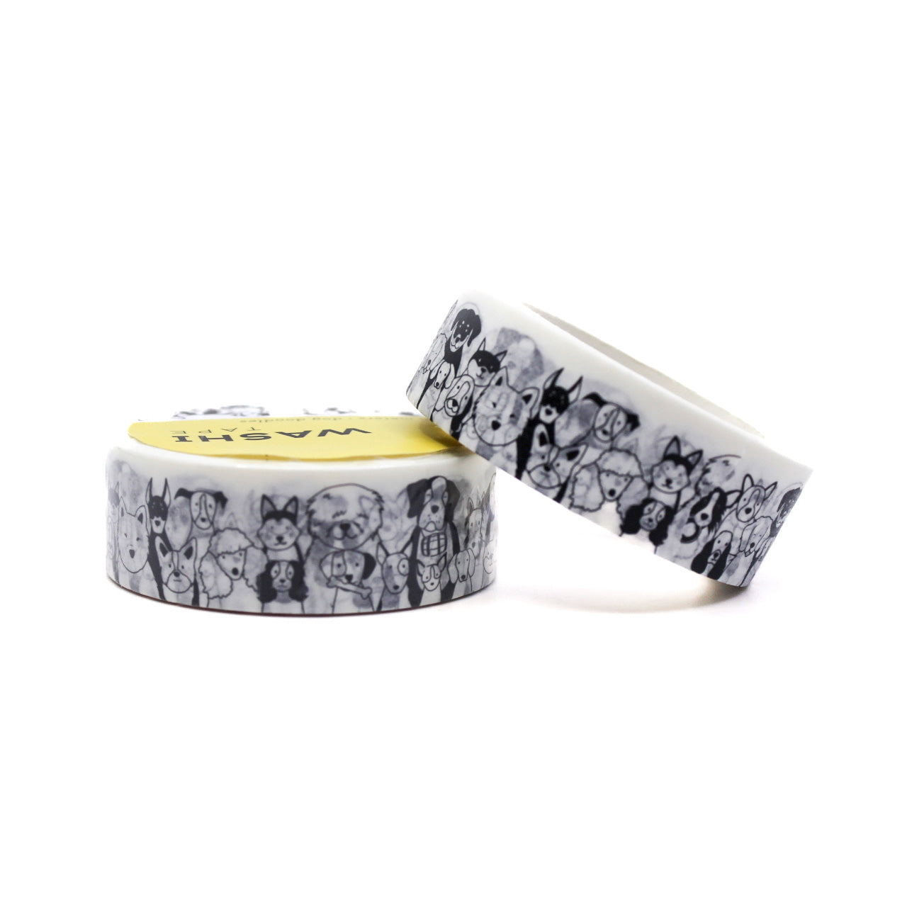 Black & White Dog Doodles Washi Tape featuring fun hand-drawn dog illustrations in black on a white background, ideal for decorating planners, scrapbooks, and gifts with a playful canine theme.
